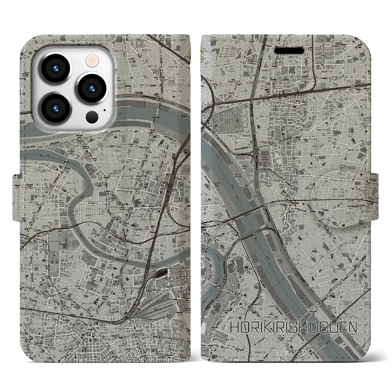 【堀切菖蒲園(東京都)】地図柄iPhoneケース(手帳タイプ)モノトーン・iPhone 13 Pro 用