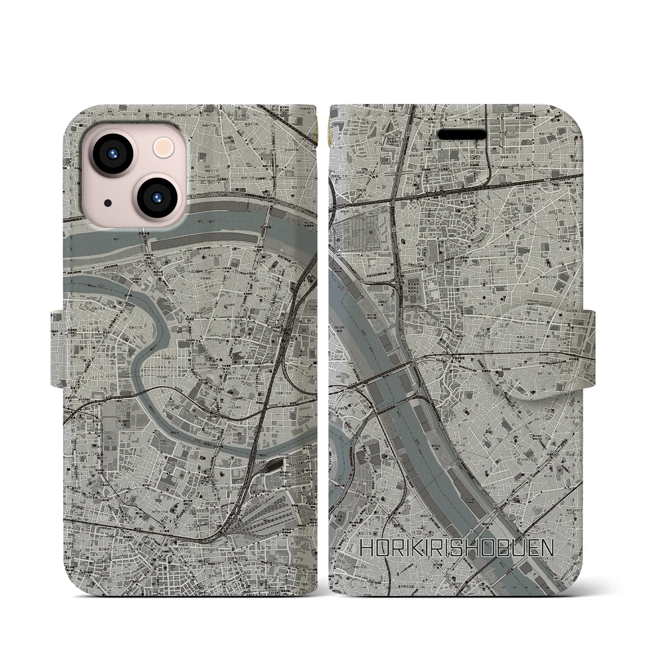 【堀切菖蒲園(東京都)】地図柄iPhoneケース(手帳タイプ)モノトーン・iPhone 13 mini 用