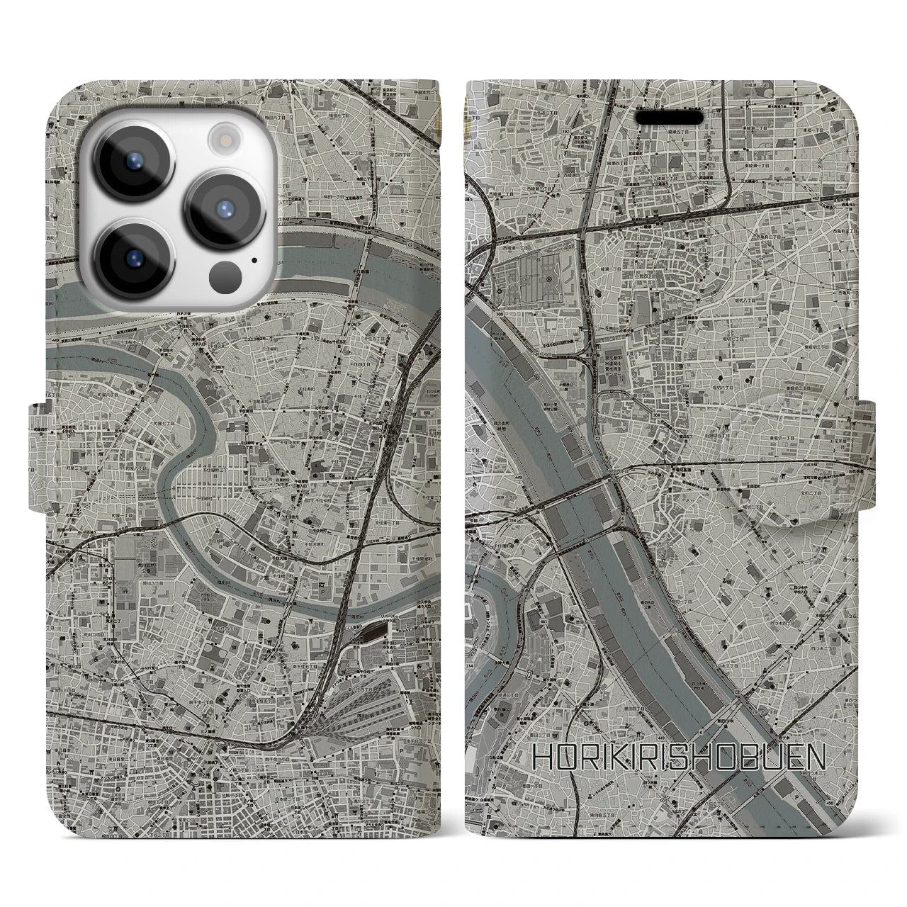 【堀切菖蒲園(東京都)】地図柄iPhoneケース(手帳タイプ)モノトーン・iPhone 14 Pro 用