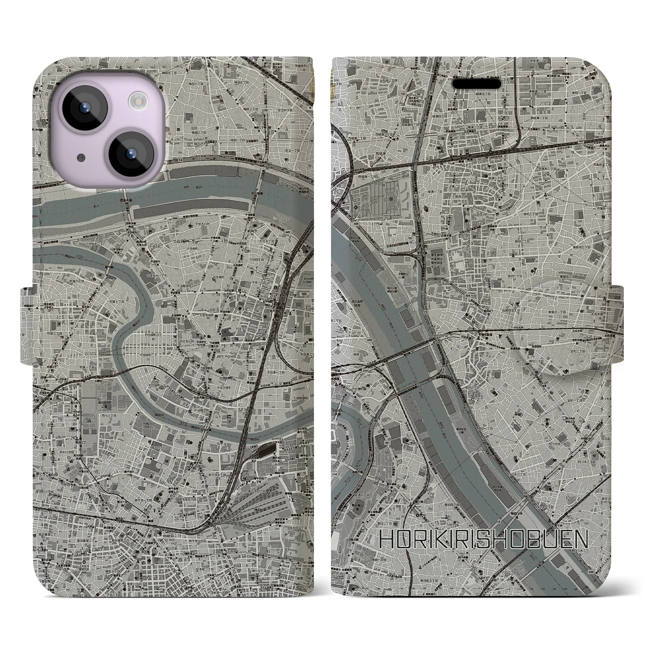 【堀切菖蒲園(東京都)】地図柄iPhoneケース(手帳タイプ)モノトーン・iPhone 14 用