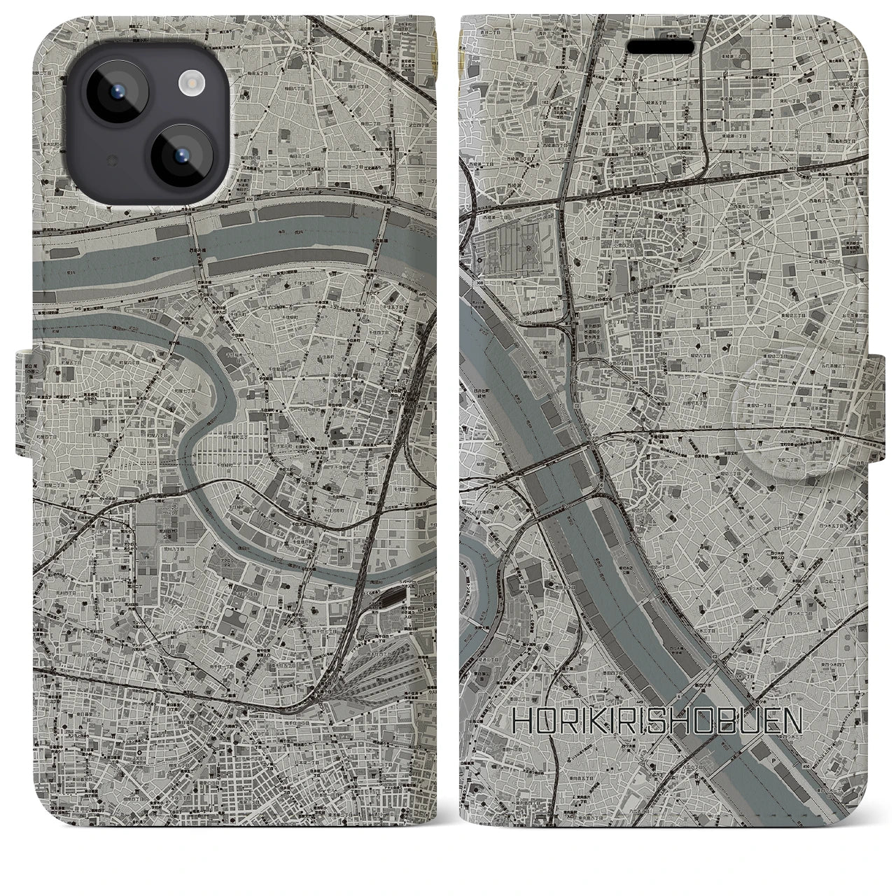 【堀切菖蒲園(東京都)】地図柄iPhoneケース(手帳タイプ)モノトーン・iPhone 14 Plus 用
