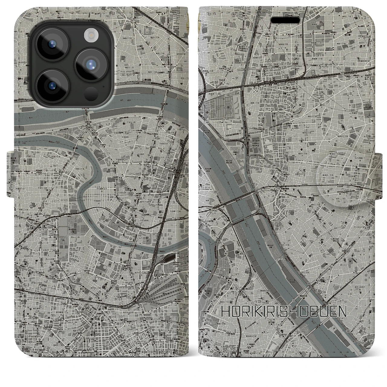 【堀切菖蒲園(東京都)】地図柄iPhoneケース(手帳タイプ)モノトーン・iPhone 15 Pro Max 用