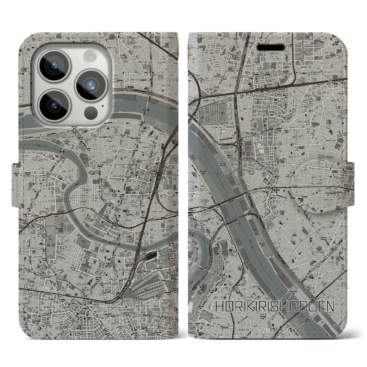 【堀切菖蒲園(東京都)】地図柄iPhoneケース(手帳タイプ)モノトーン・iPhone 15 Pro 用