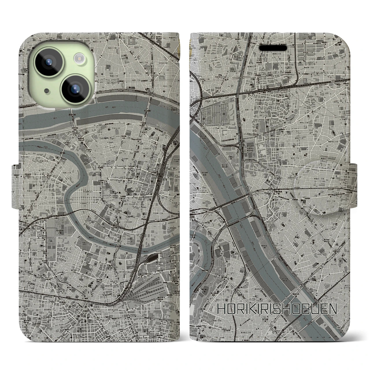 【堀切菖蒲園(東京都)】地図柄iPhoneケース(手帳タイプ)モノトーン・iPhone 15 用