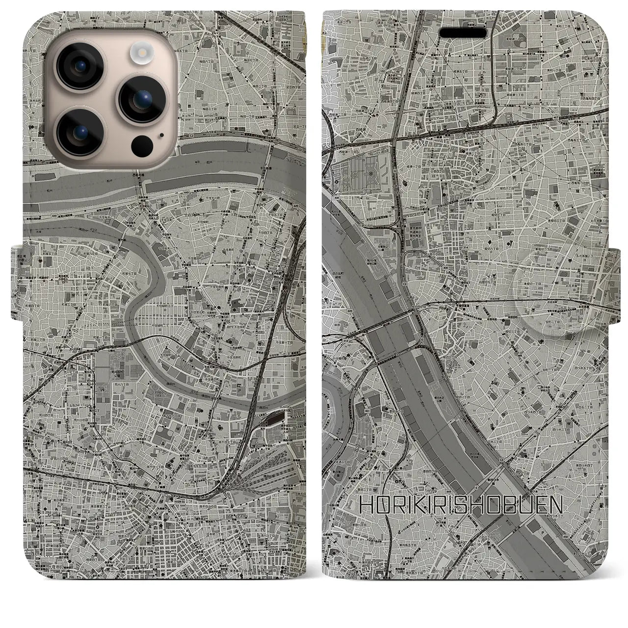 【堀切菖蒲園(東京都)】地図柄iPhoneケース(手帳タイプ)モノトーン・iPhone 16 Plus 用