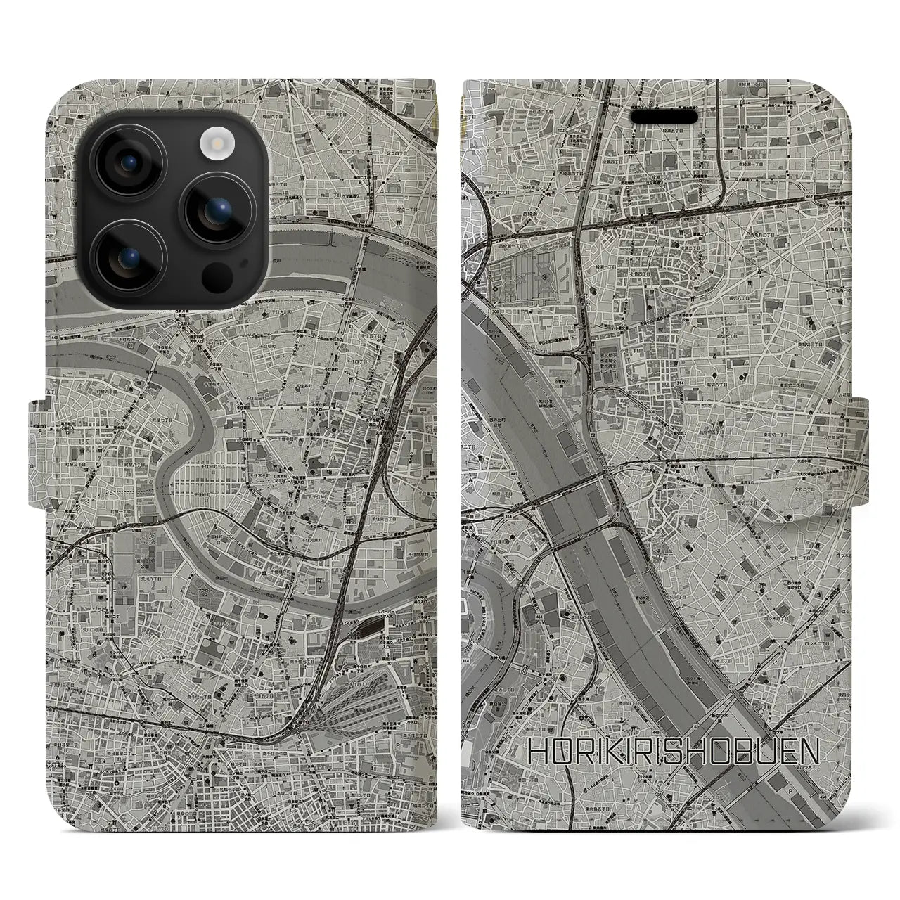 【堀切菖蒲園(東京都)】地図柄iPhoneケース(手帳タイプ)モノトーン・iPhone 16 用