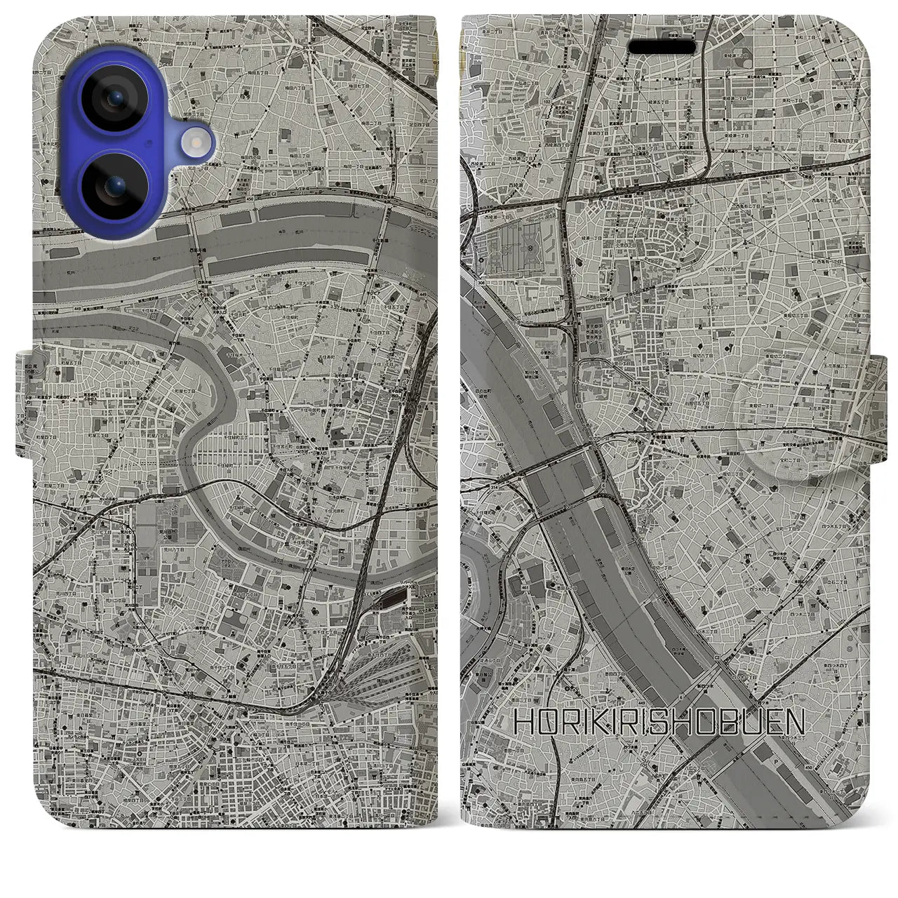 【堀切菖蒲園(東京都)】地図柄iPhoneケース(手帳タイプ)モノトーン・iPhone 16 Pro Max 用