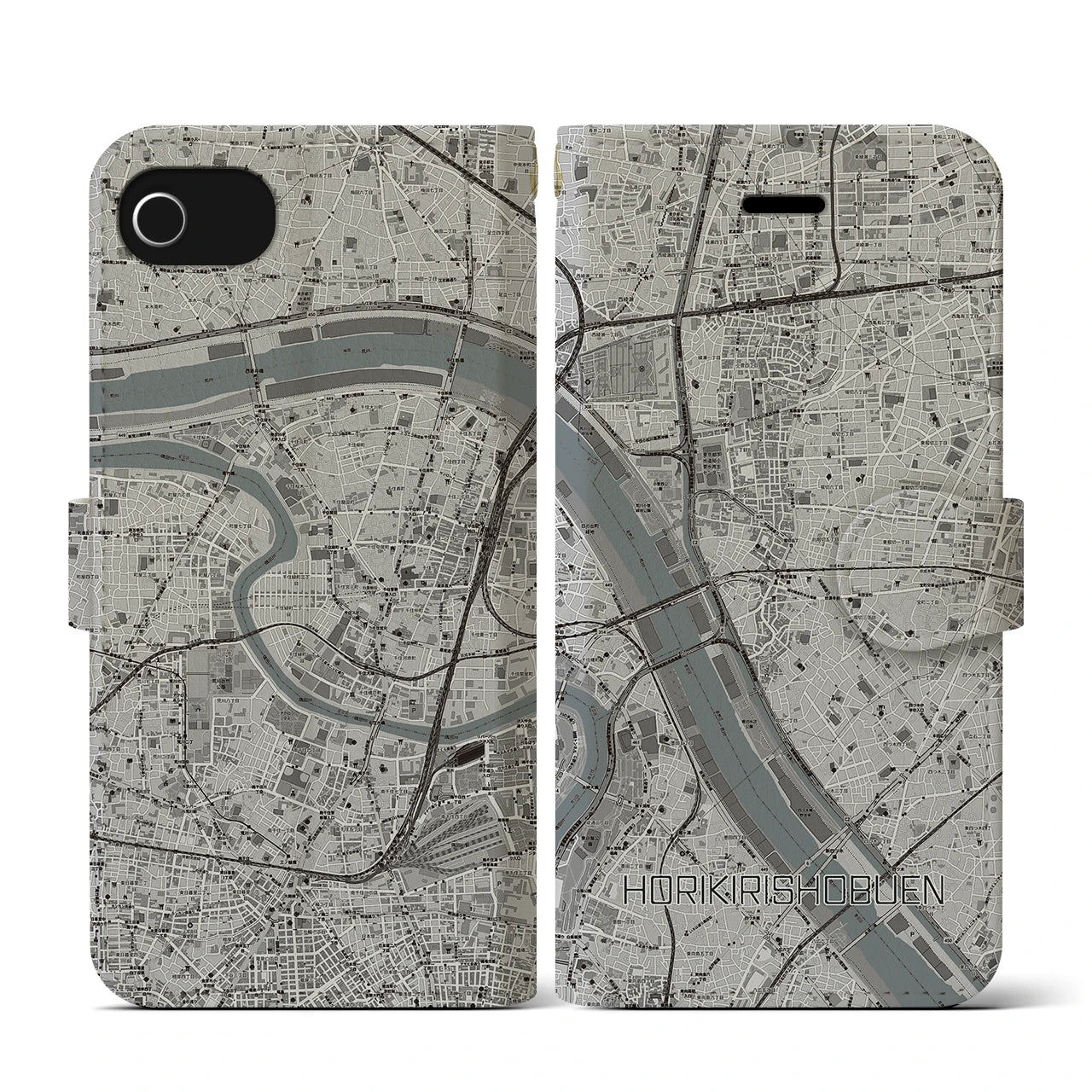 【堀切菖蒲園(東京都)】地図柄iPhoneケース(手帳タイプ)モノトーン・iPhone SE(第3 / 第2世代) / 8 / 7 / 6s / 6 用