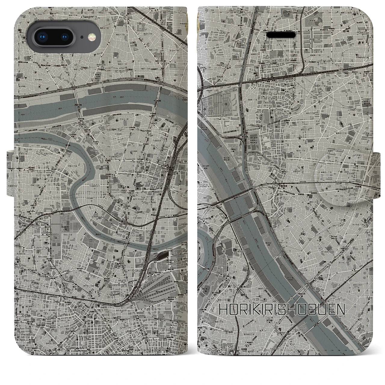 【堀切菖蒲園(東京都)】地図柄iPhoneケース(手帳タイプ)モノトーン・iPhone 8Plus /7Plus / 6sPlus / 6Plus 用