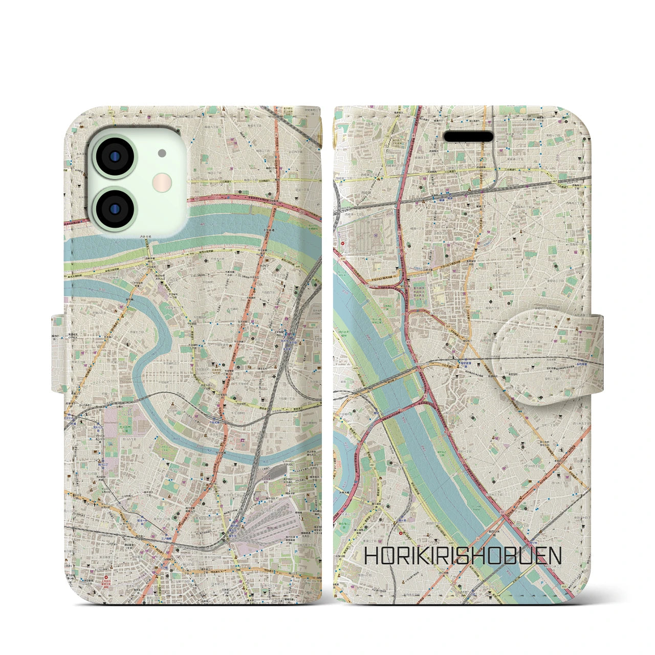 【堀切菖蒲園(東京都)】地図柄iPhoneケース(手帳タイプ)ナチュラル・iPhone 12 mini 用