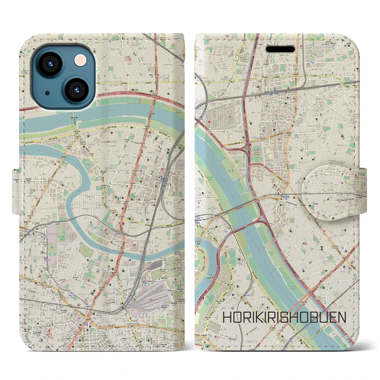 【堀切菖蒲園(東京都)】地図柄iPhoneケース(手帳タイプ)ナチュラル・iPhone 13 用