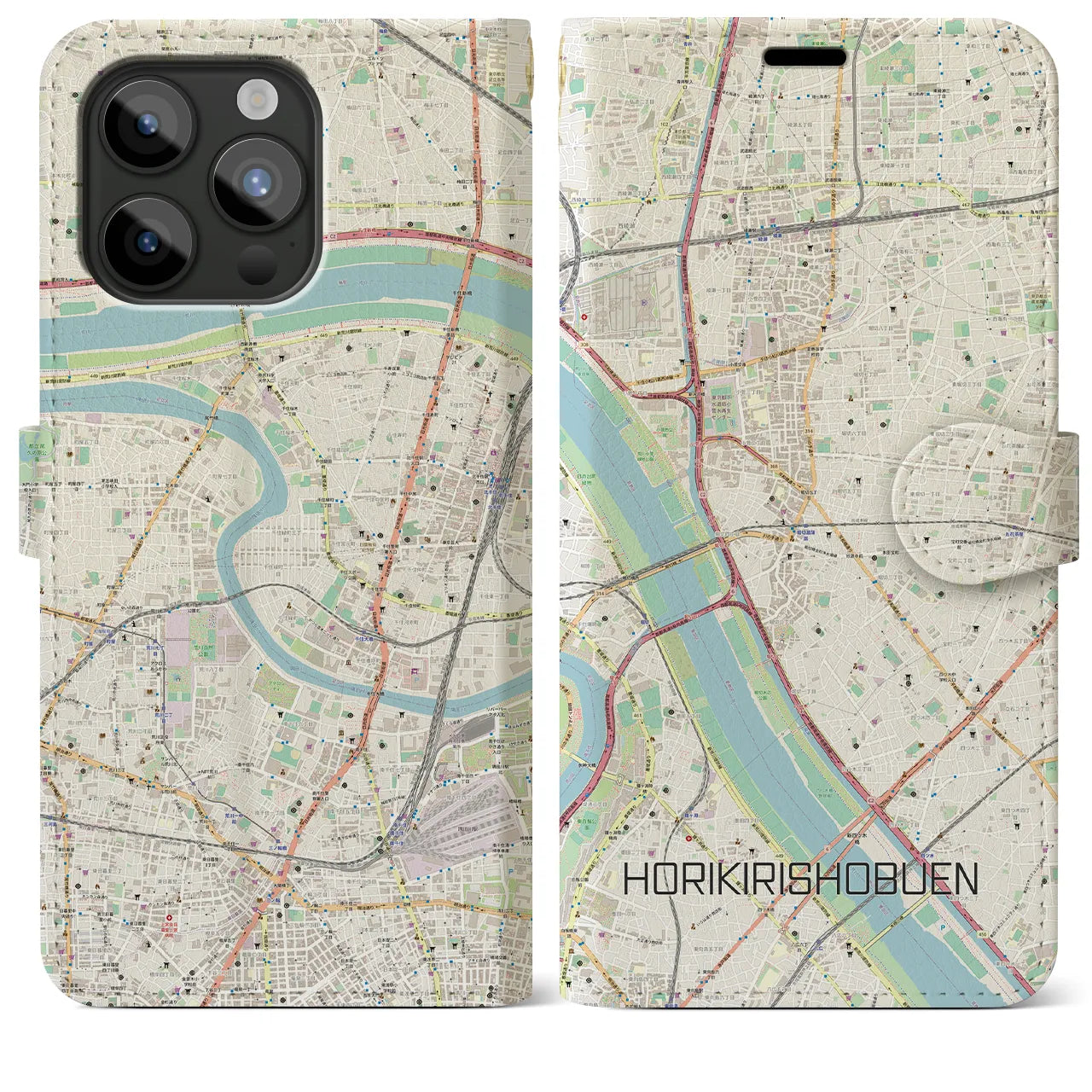 【堀切菖蒲園(東京都)】地図柄iPhoneケース(手帳タイプ)ナチュラル・iPhone 15 Pro Max 用