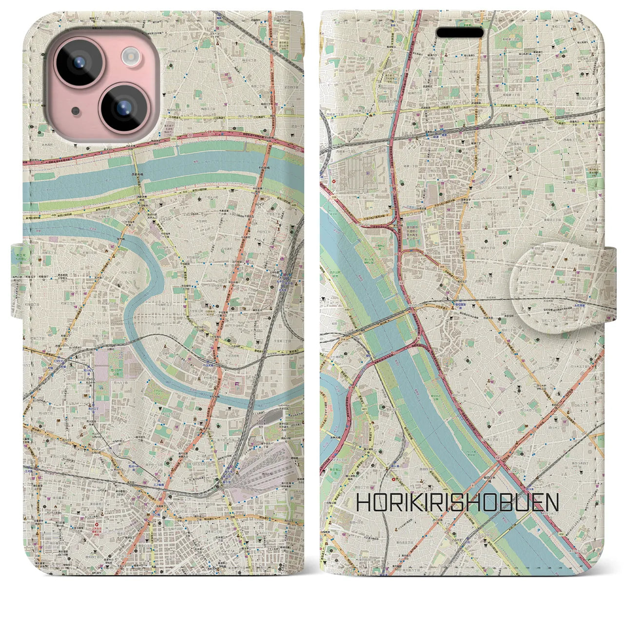 【堀切菖蒲園(東京都)】地図柄iPhoneケース(手帳タイプ)ナチュラル・iPhone 15 Plus 用
