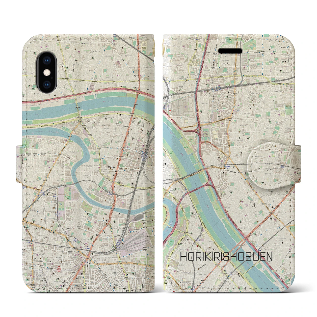 【堀切菖蒲園(東京都)】地図柄iPhoneケース(手帳タイプ)ナチュラル・iPhone XS / X 用