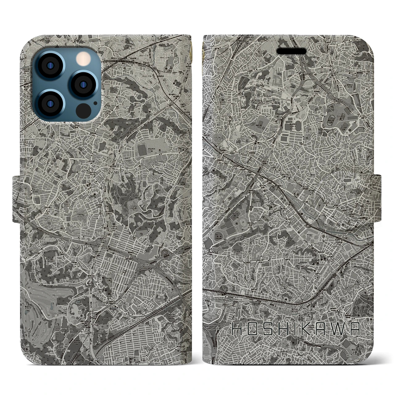 【星川(神奈川県)】地図柄iPhoneケース(手帳タイプ)モノトーン・iPhone 12 / 12 Pro 用