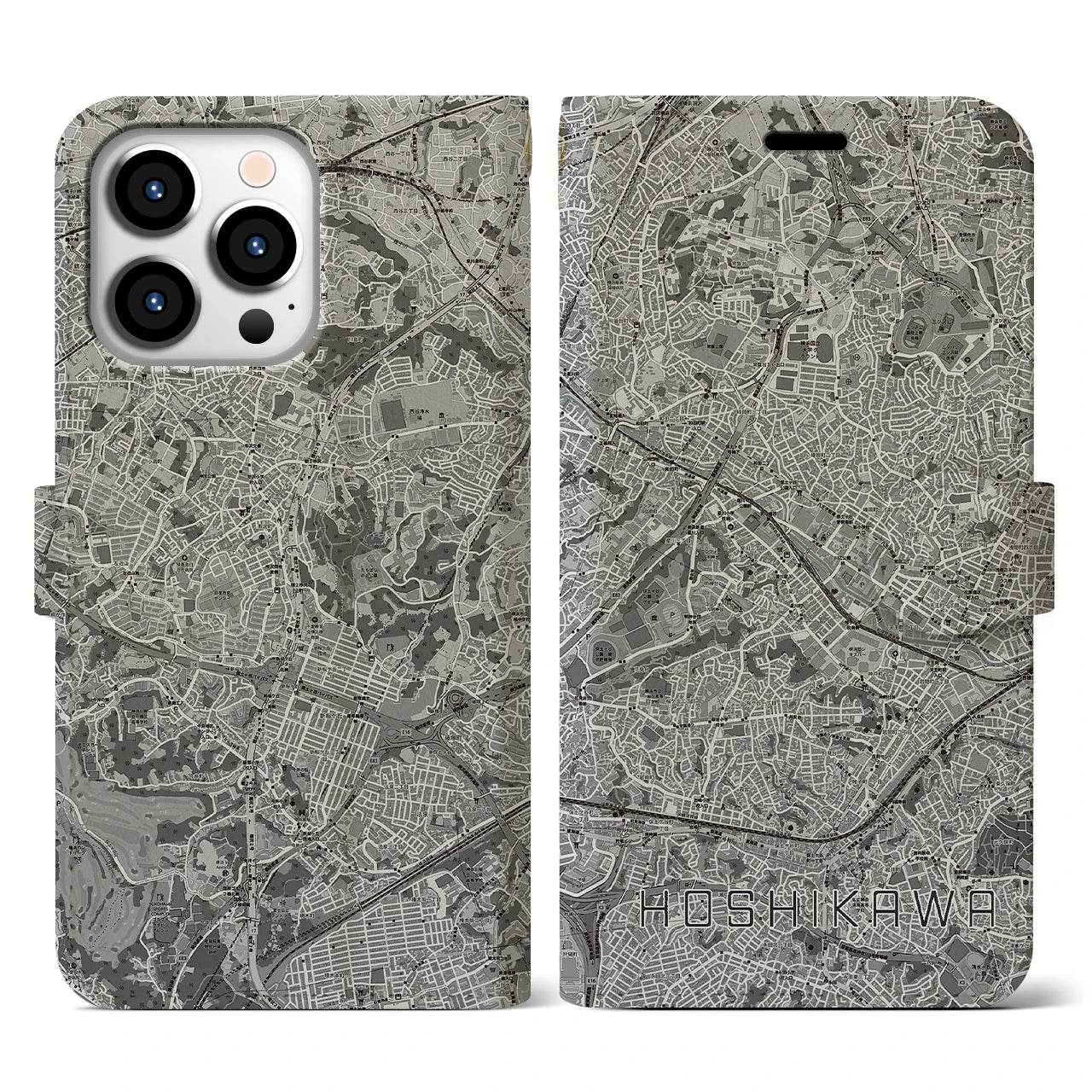 【星川(神奈川県)】地図柄iPhoneケース(手帳タイプ)モノトーン・iPhone 13 Pro 用