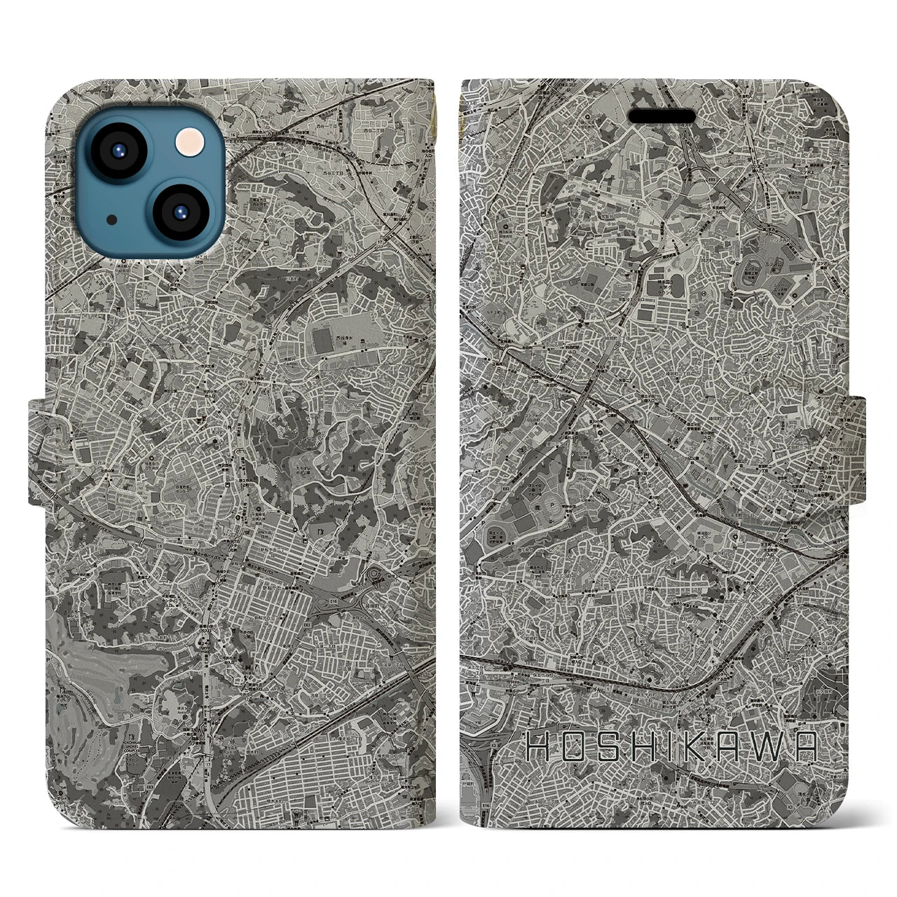 【星川(神奈川県)】地図柄iPhoneケース(手帳タイプ)モノトーン・iPhone 13 用