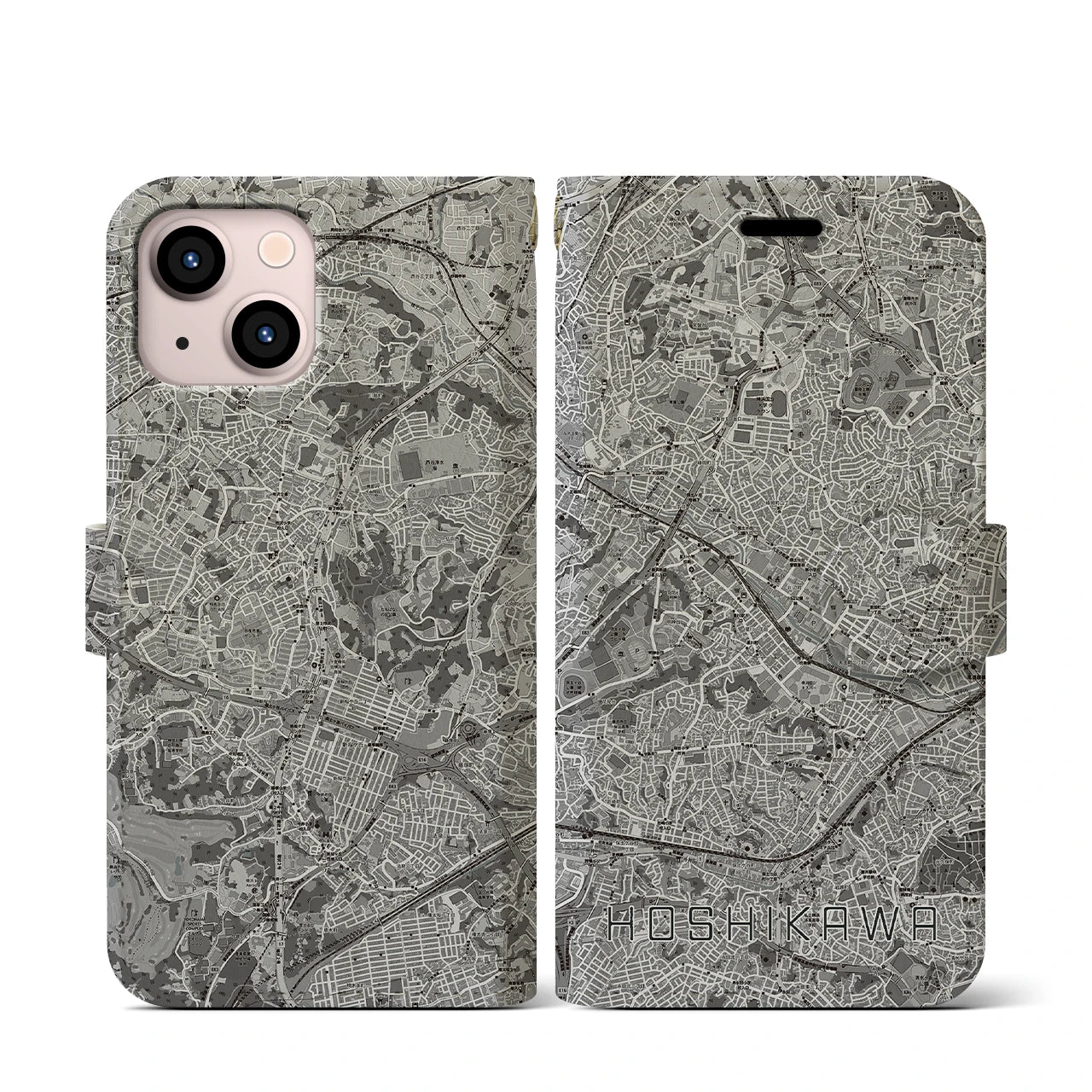 【星川(神奈川県)】地図柄iPhoneケース(手帳タイプ)モノトーン・iPhone 13 mini 用