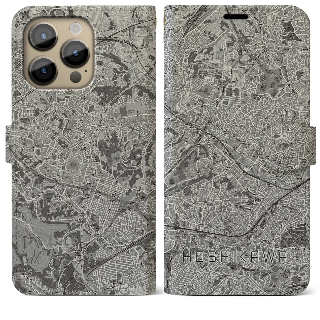 【星川(神奈川県)】地図柄iPhoneケース(手帳タイプ)モノトーン・iPhone 14 Pro Max 用