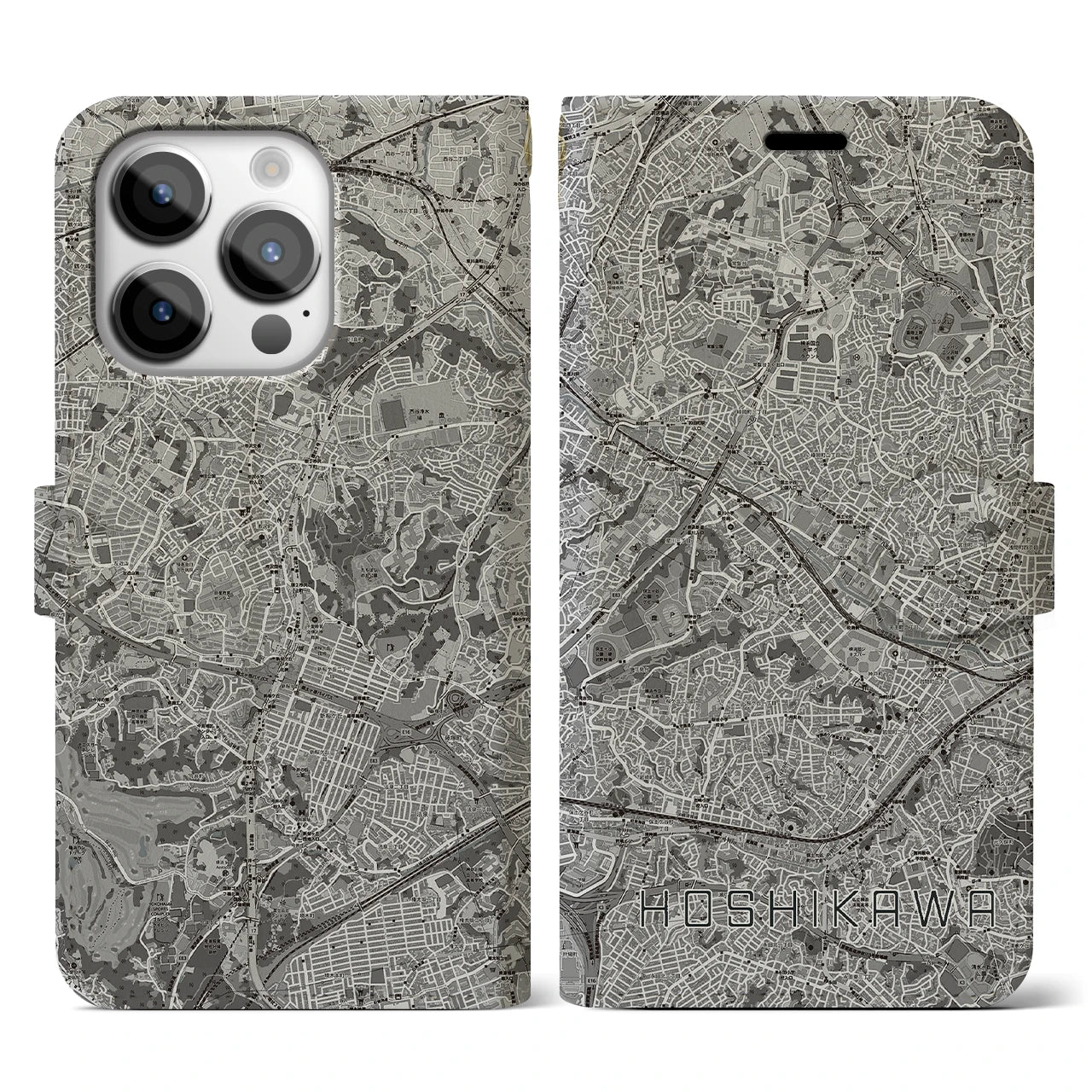 【星川(神奈川県)】地図柄iPhoneケース(手帳タイプ)モノトーン・iPhone 14 Pro 用