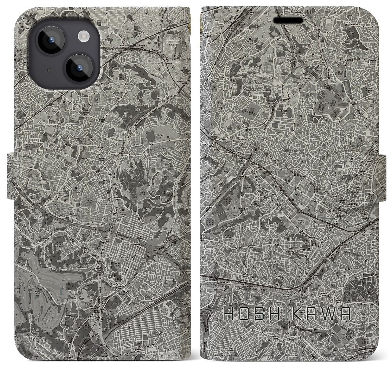 【星川(神奈川県)】地図柄iPhoneケース(手帳タイプ)モノトーン・iPhone 14 Plus 用