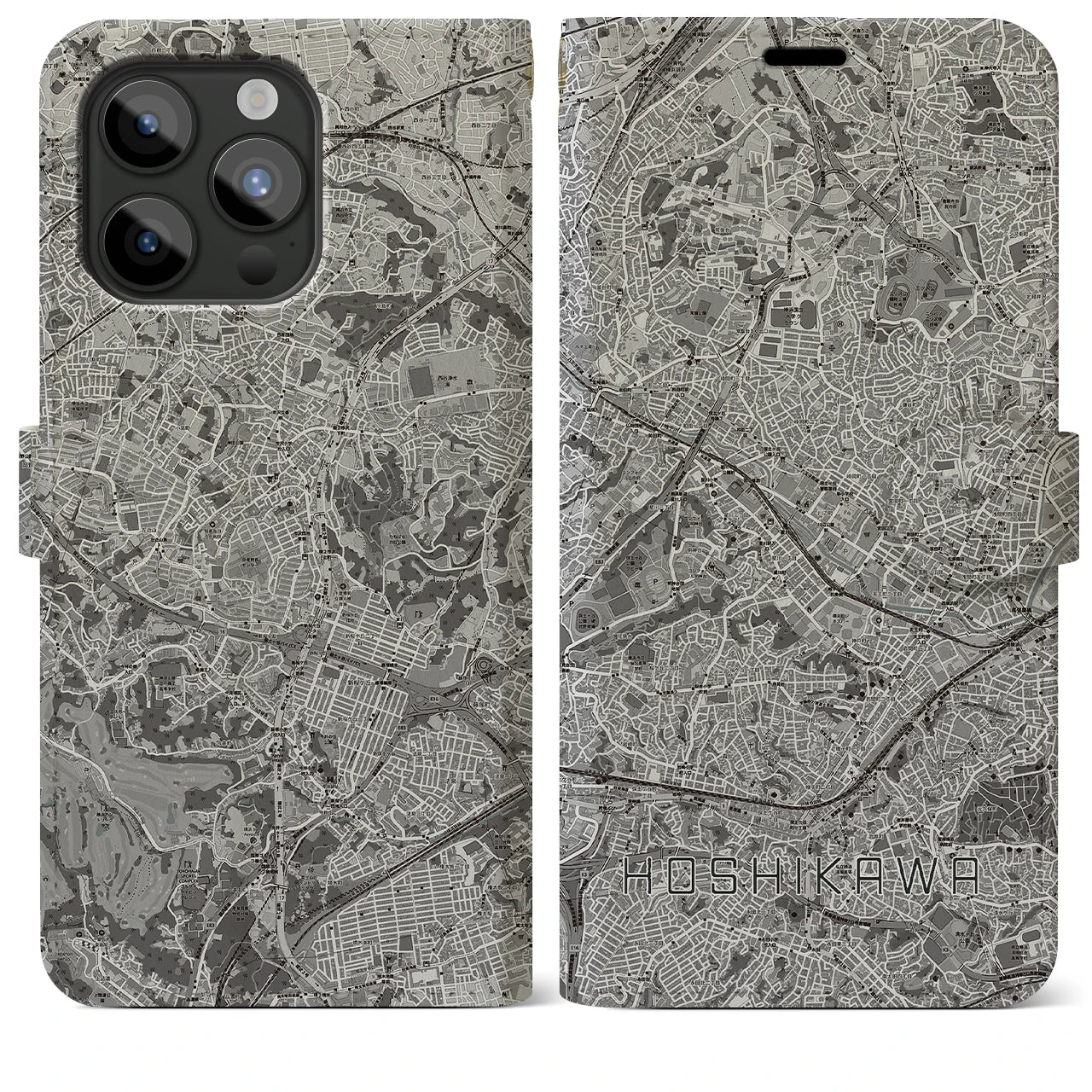【星川(神奈川県)】地図柄iPhoneケース(手帳タイプ)モノトーン・iPhone 15 Pro Max 用