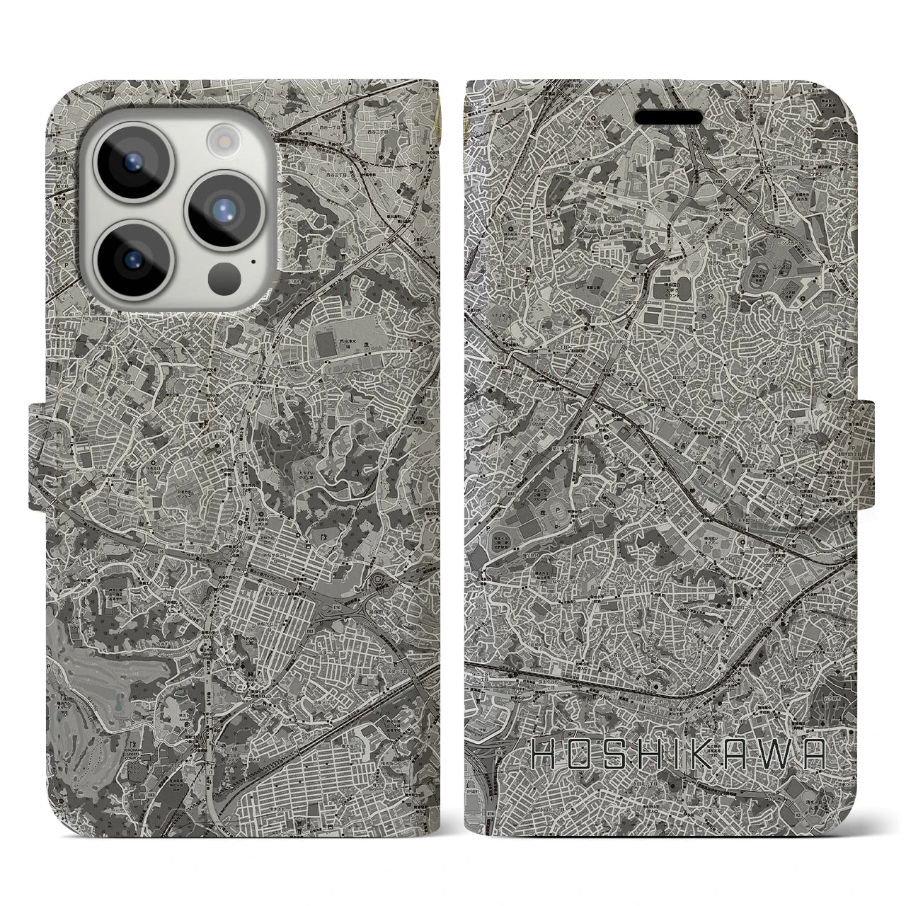 【星川(神奈川県)】地図柄iPhoneケース(手帳タイプ)モノトーン・iPhone 15 Pro 用