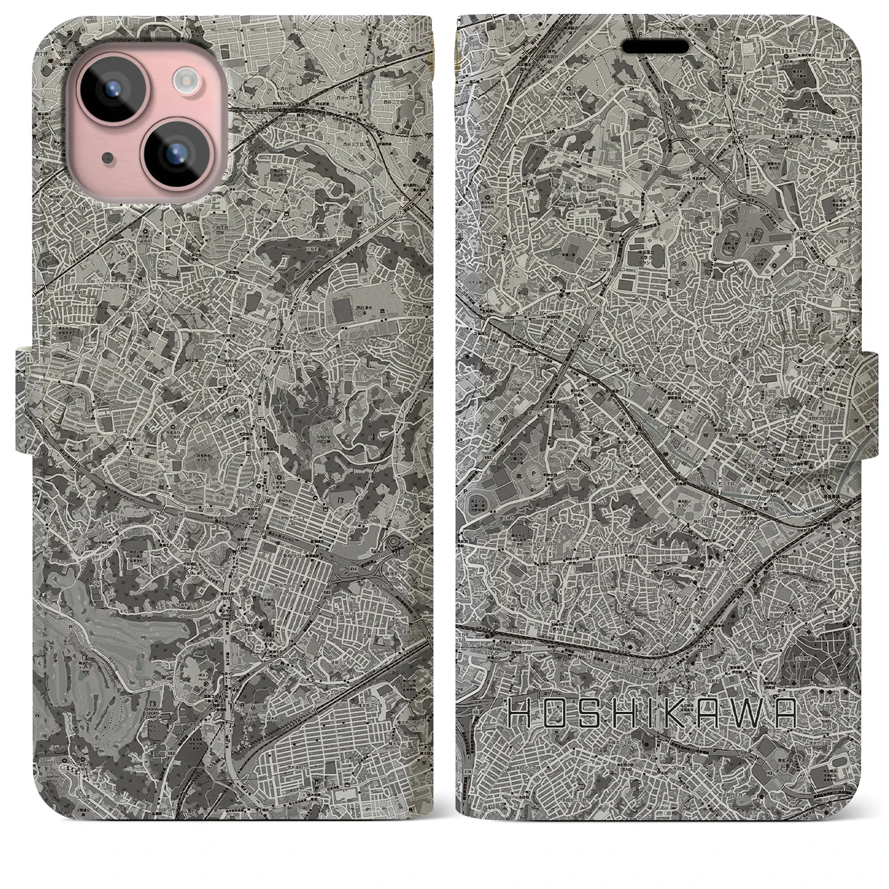 【星川(神奈川県)】地図柄iPhoneケース(手帳タイプ)モノトーン・iPhone 15 Plus 用
