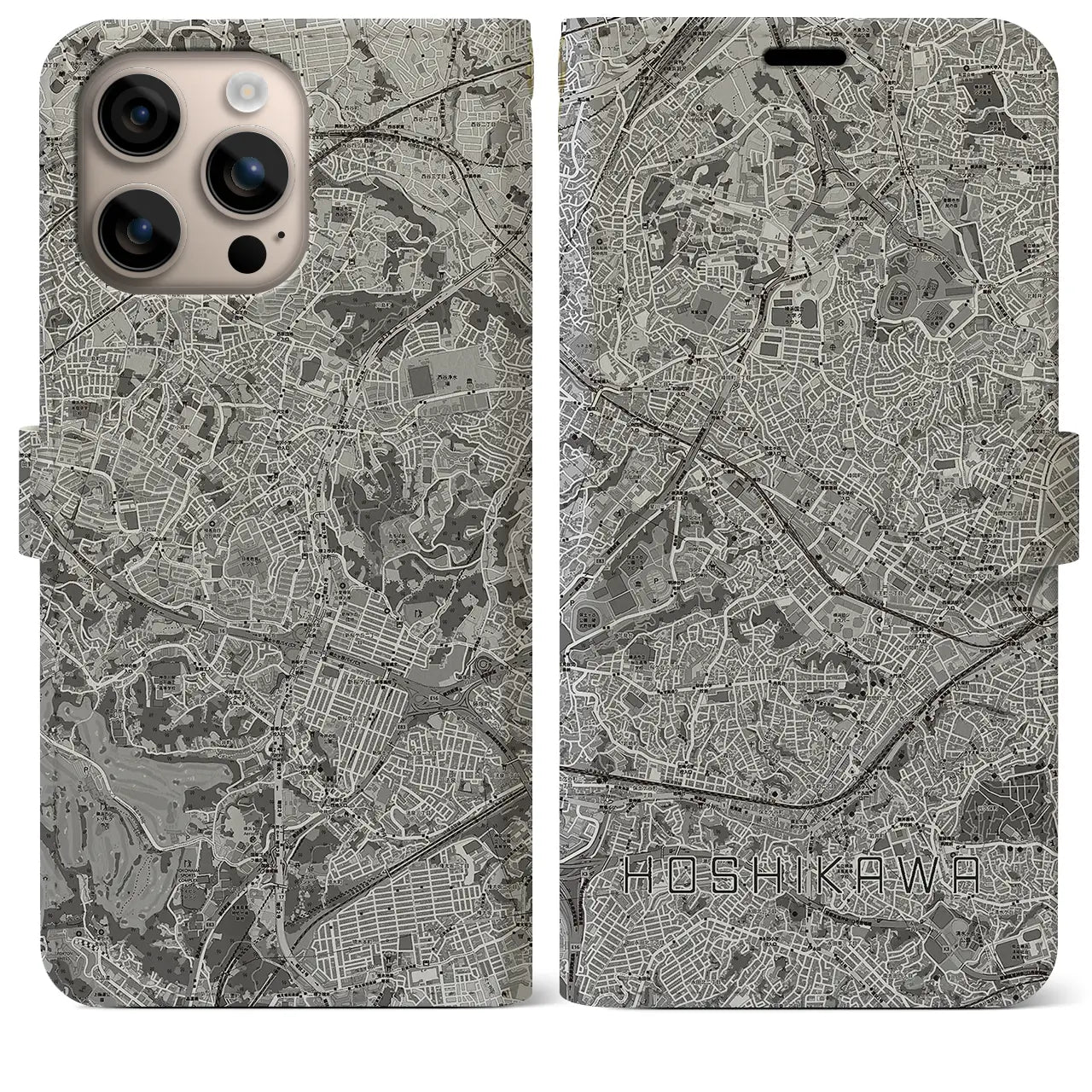 【星川(神奈川県)】地図柄iPhoneケース(手帳タイプ)モノトーン・iPhone 16 Plus 用
