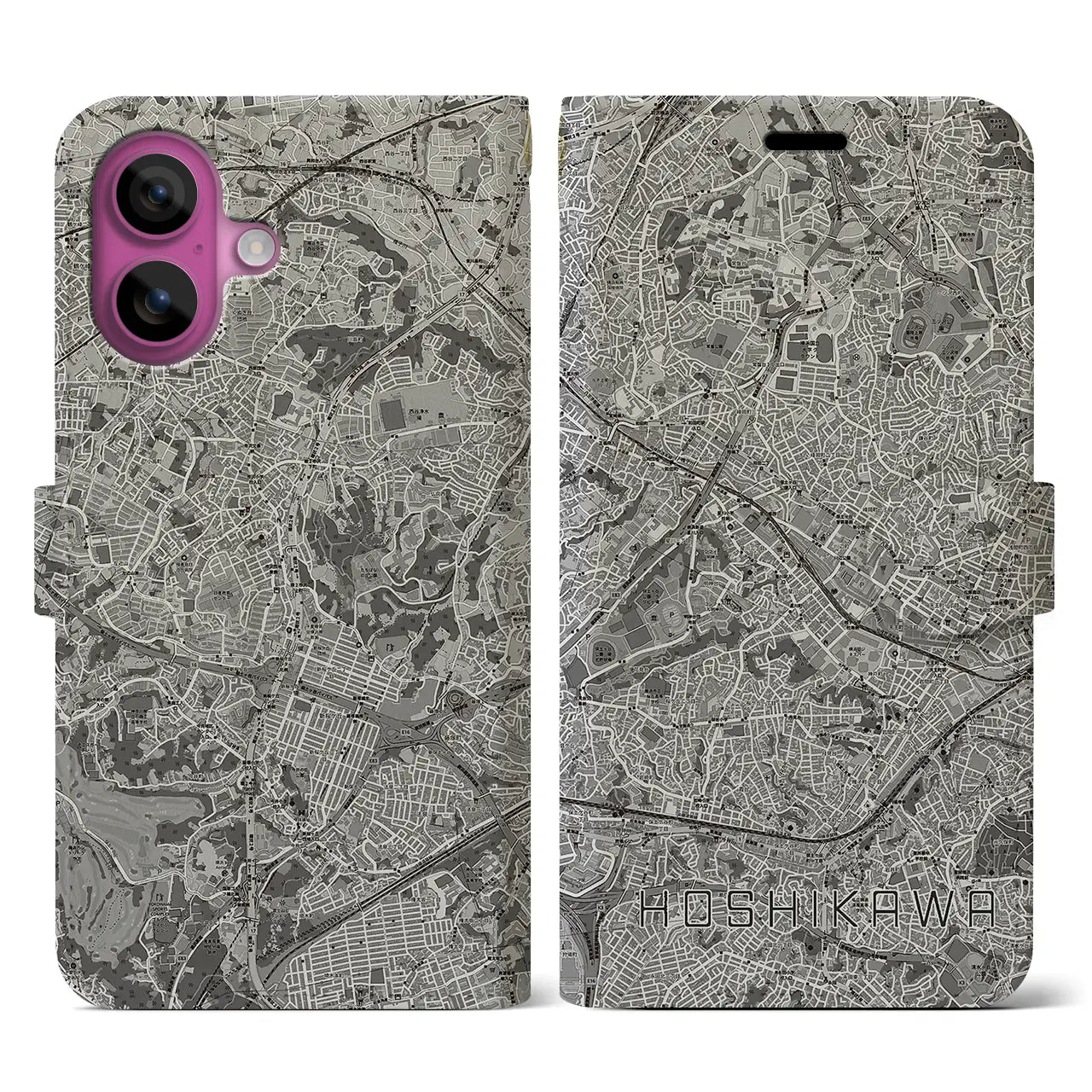 【星川(神奈川県)】地図柄iPhoneケース(手帳タイプ)モノトーン・iPhone 16 Pro 用