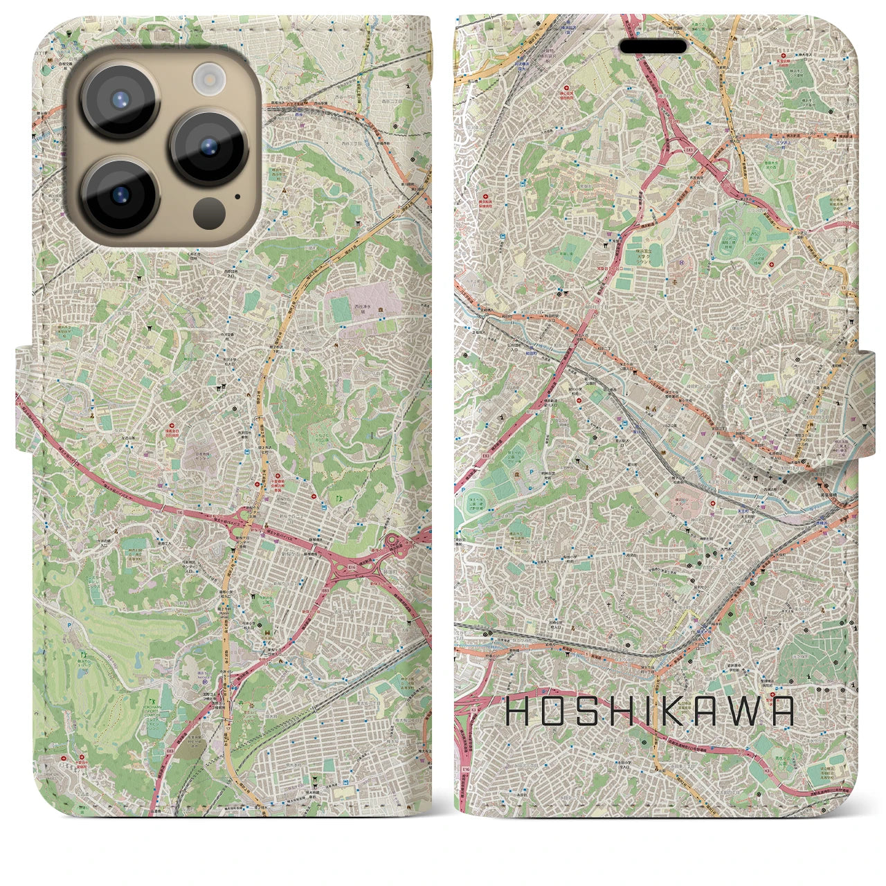 【星川(神奈川県)】地図柄iPhoneケース(手帳タイプ)ナチュラル・iPhone 14 Pro Max 用