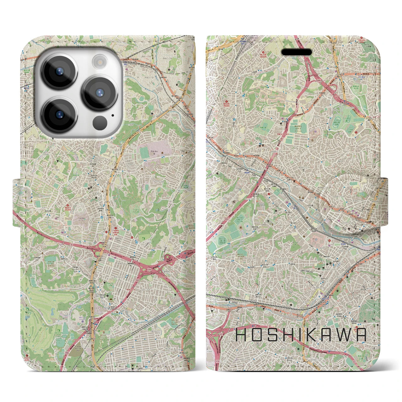 【星川(神奈川県)】地図柄iPhoneケース(手帳タイプ)ナチュラル・iPhone 14 Pro 用