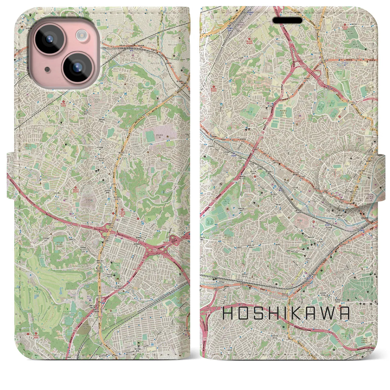 【星川(神奈川県)】地図柄iPhoneケース(手帳タイプ)ナチュラル・iPhone 15 Plus 用