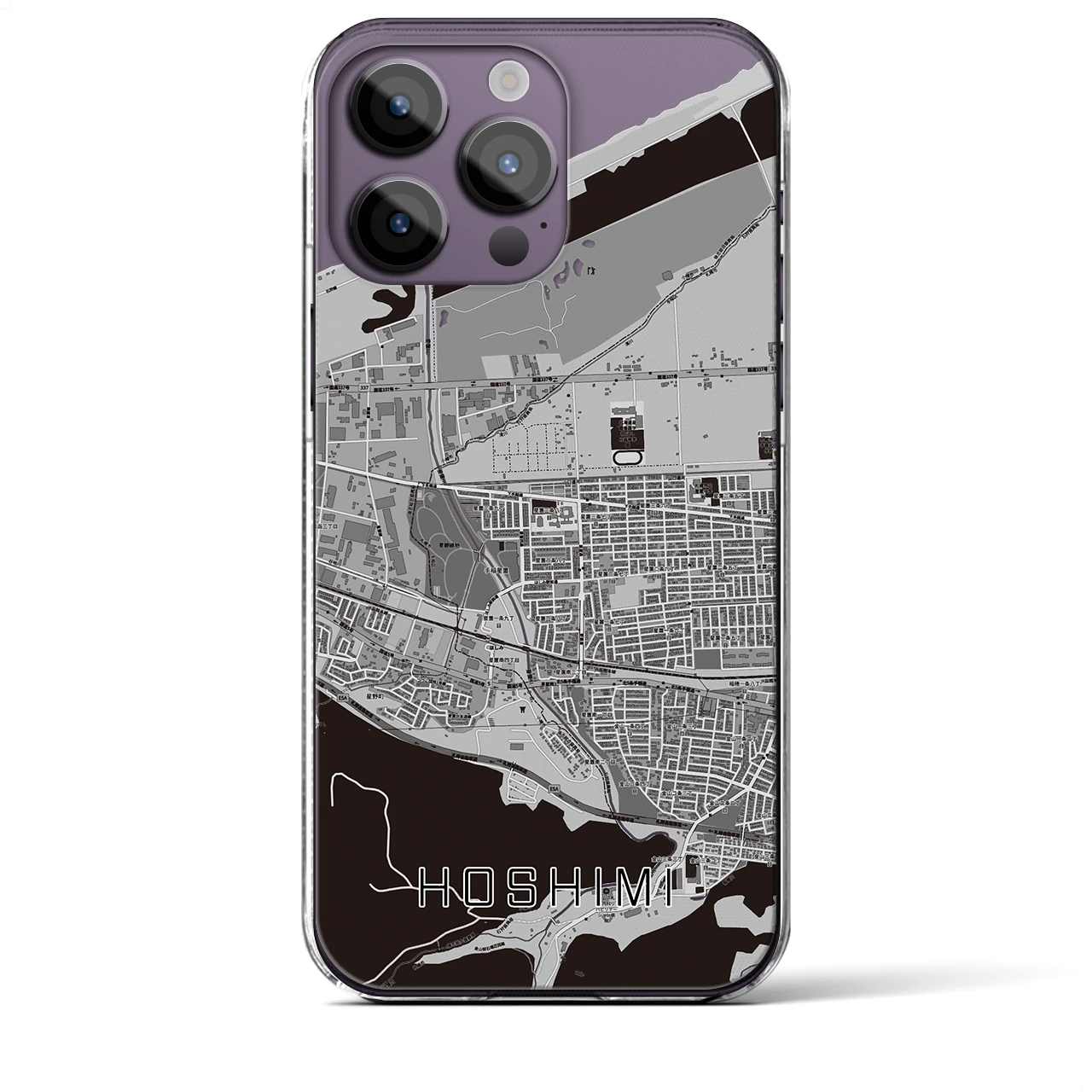 【ほしみ(北海道)】地図柄iPhoneケース(クリアタイプ)モノトーン・iPhone 14 Pro Max 用