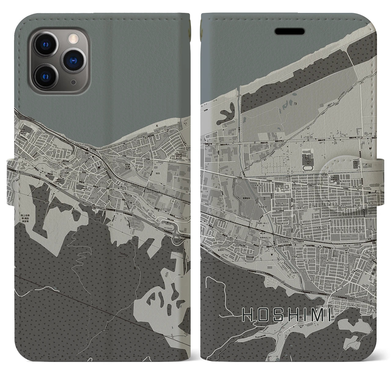 【ほしみ(北海道)】地図柄iPhoneケース(手帳タイプ)モノトーン・iPhone 11 Pro Max 用