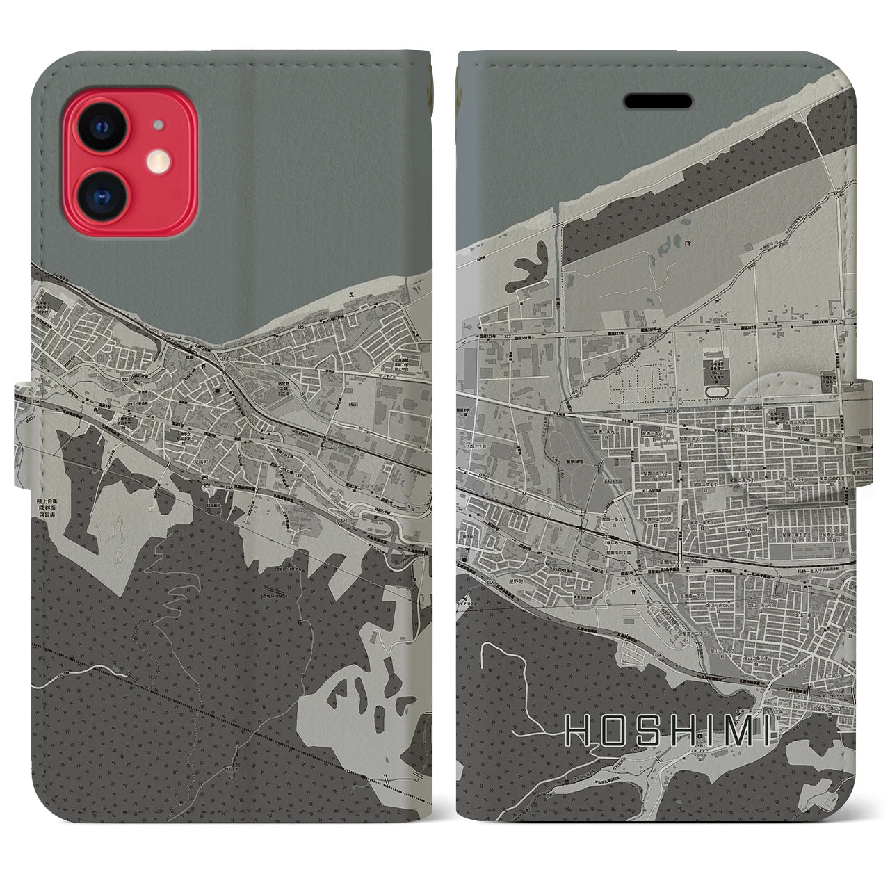【ほしみ(北海道)】地図柄iPhoneケース(手帳タイプ)モノトーン・iPhone 11 用