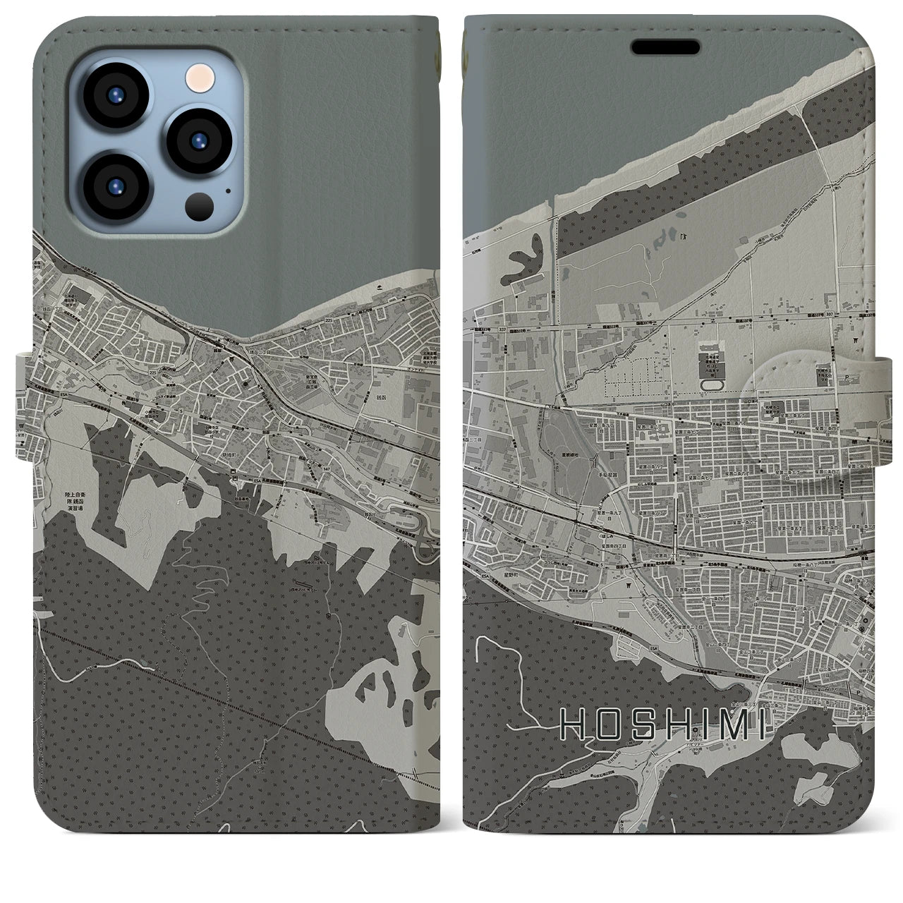 【ほしみ(北海道)】地図柄iPhoneケース(手帳タイプ)モノトーン・iPhone 13 Pro Max 用