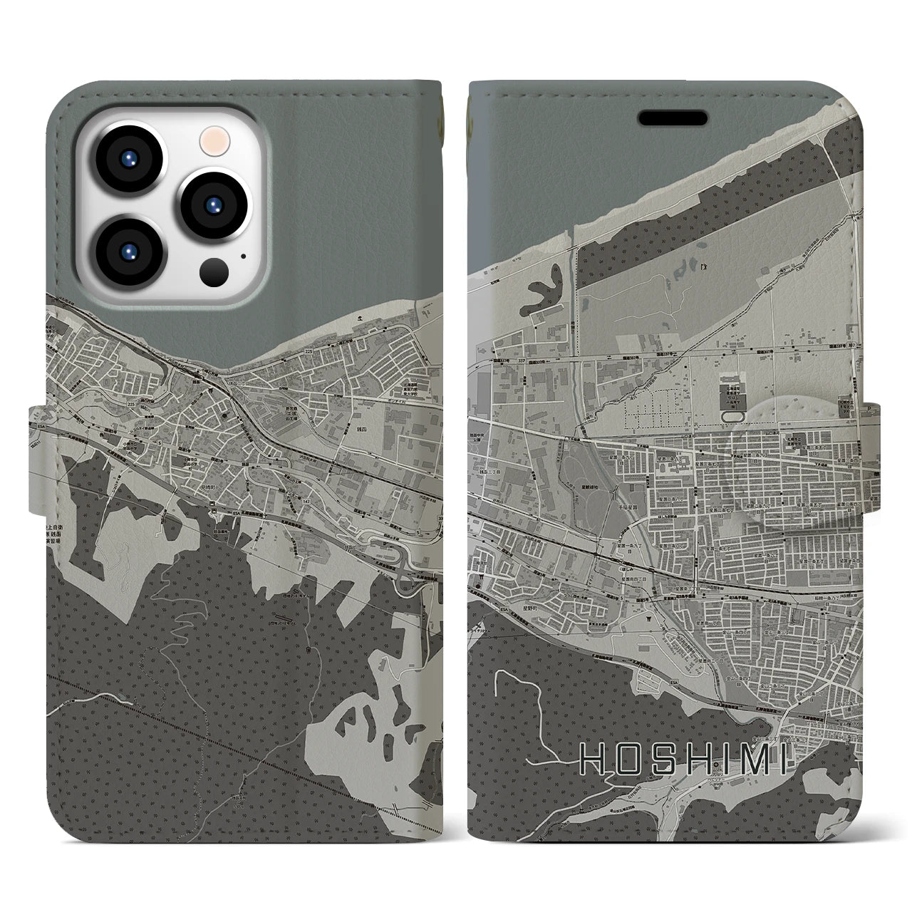 【ほしみ(北海道)】地図柄iPhoneケース(手帳タイプ)モノトーン・iPhone 13 Pro 用