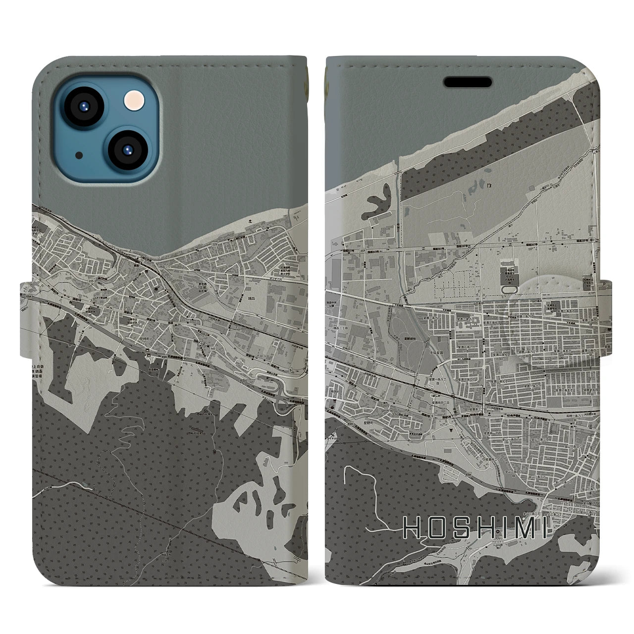 【ほしみ(北海道)】地図柄iPhoneケース(手帳タイプ)モノトーン・iPhone 13 用