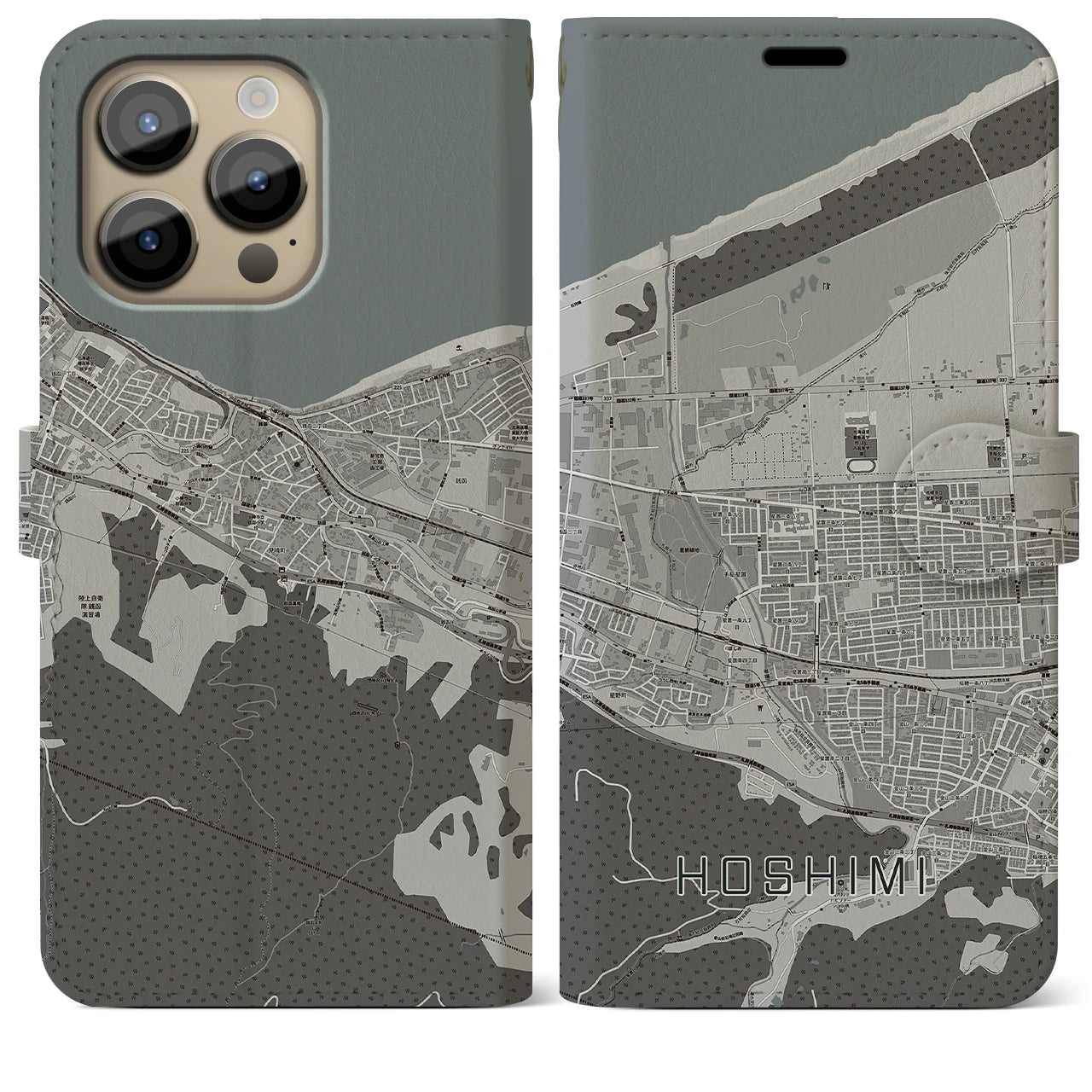 【ほしみ(北海道)】地図柄iPhoneケース(手帳タイプ)モノトーン・iPhone 14 Pro Max 用