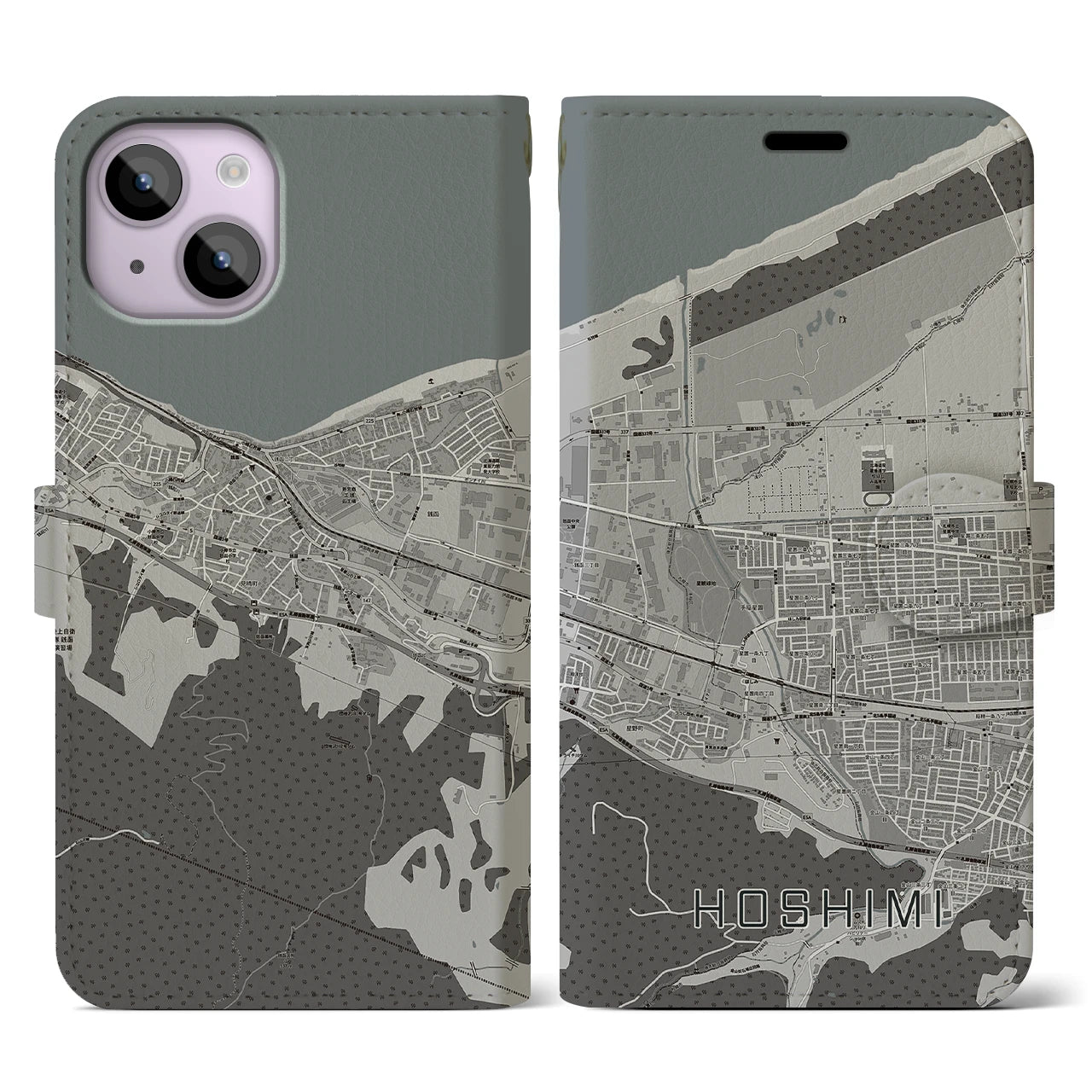 【ほしみ(北海道)】地図柄iPhoneケース(手帳タイプ)モノトーン・iPhone 14 用