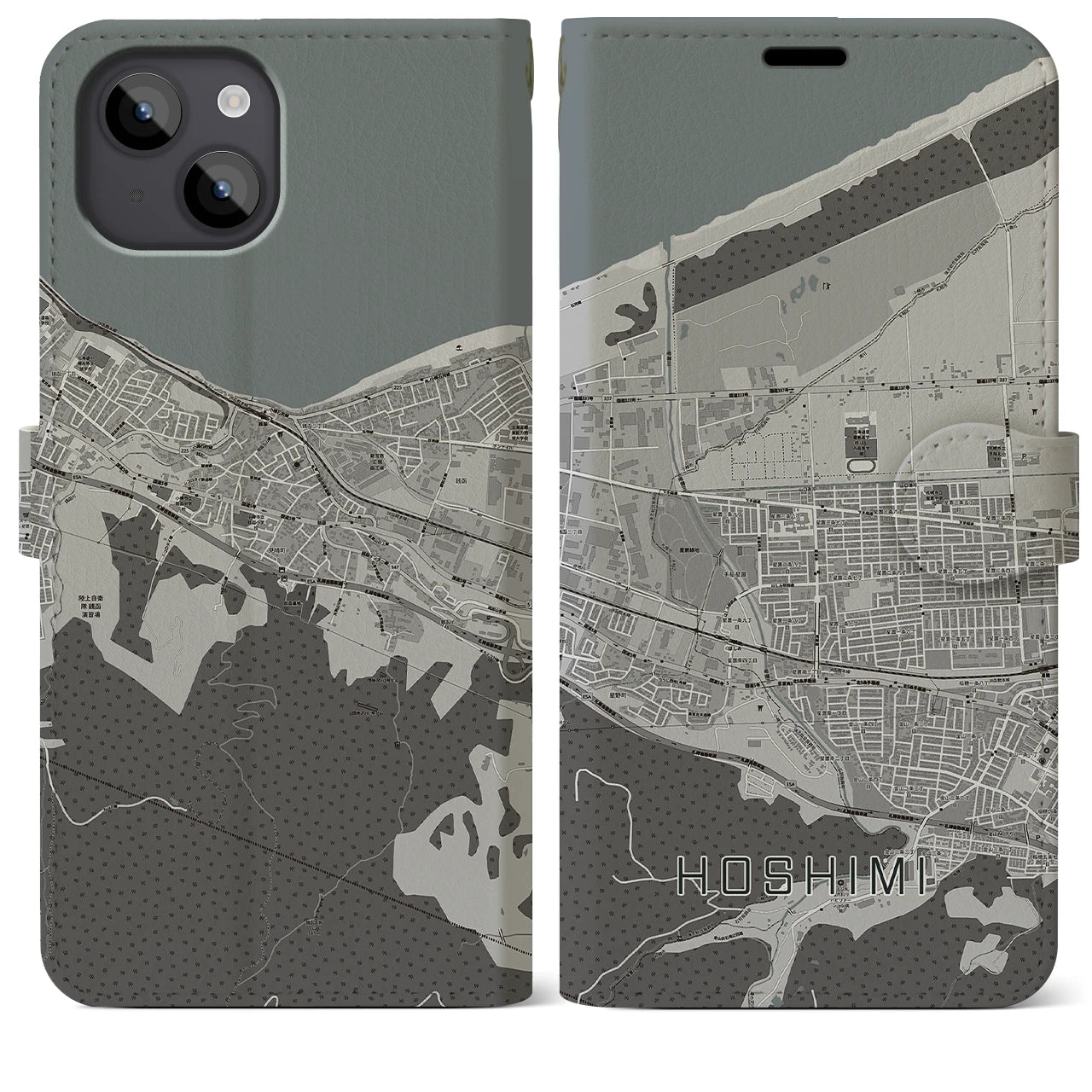 【ほしみ(北海道)】地図柄iPhoneケース(手帳タイプ)モノトーン・iPhone 14 Plus 用