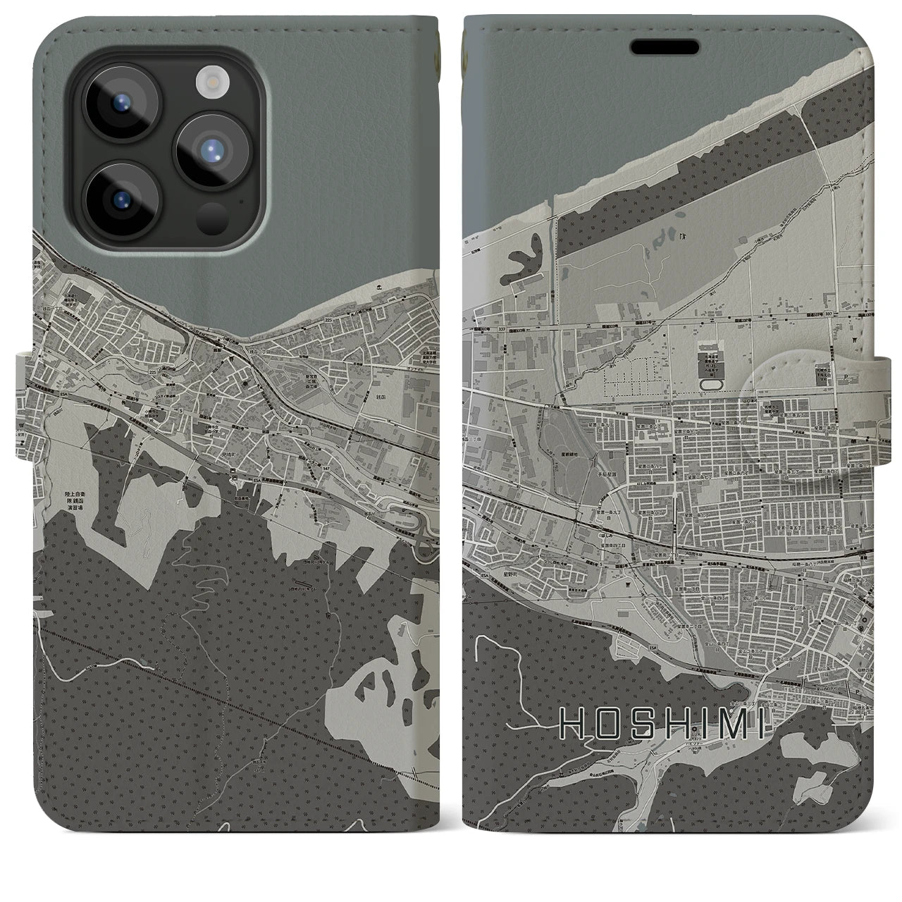 【ほしみ(北海道)】地図柄iPhoneケース(手帳タイプ)モノトーン・iPhone 15 Pro Max 用