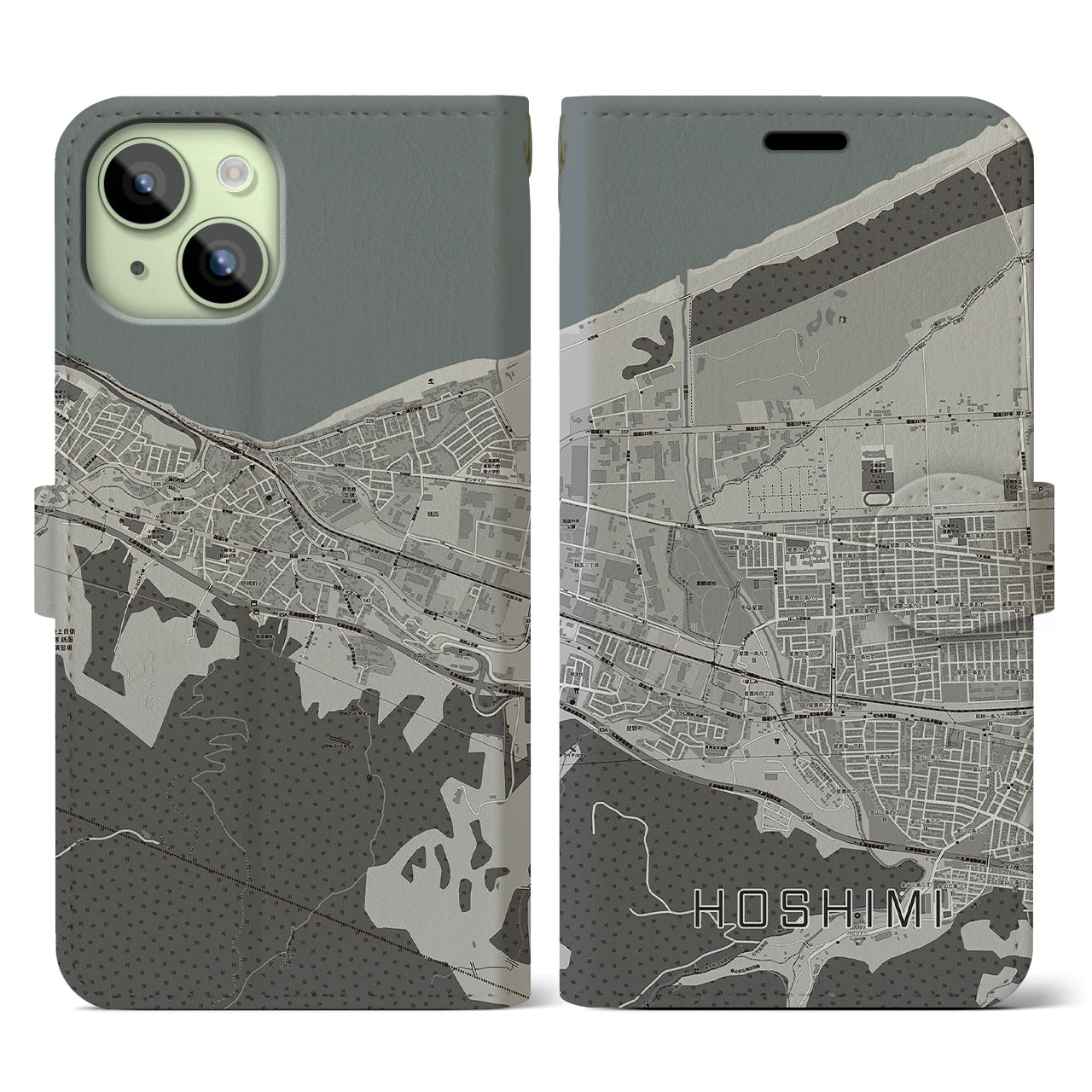 【ほしみ(北海道)】地図柄iPhoneケース(手帳タイプ)モノトーン・iPhone 15 用