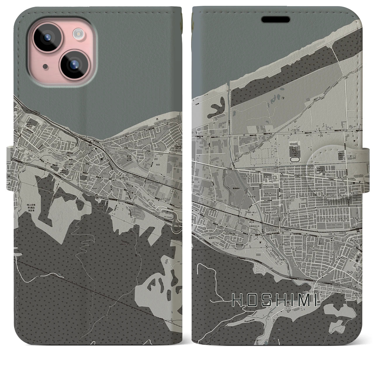 【ほしみ(北海道)】地図柄iPhoneケース(手帳タイプ)モノトーン・iPhone 15 Plus 用