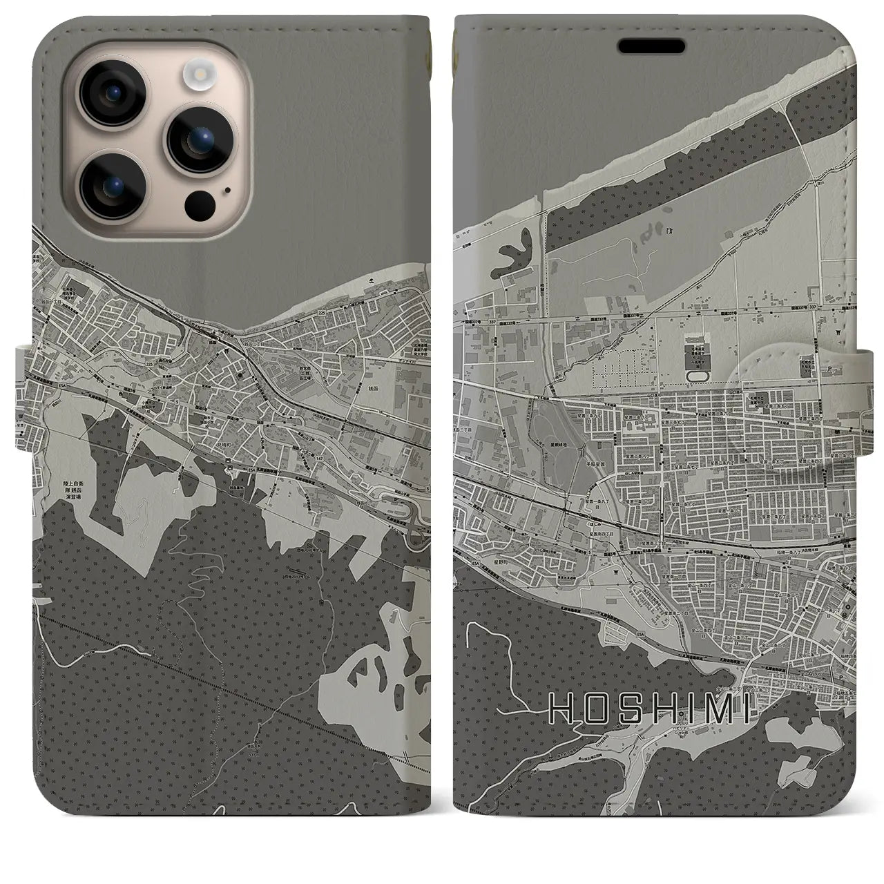 【ほしみ(北海道)】地図柄iPhoneケース(手帳タイプ)モノトーン・iPhone 16 Plus 用