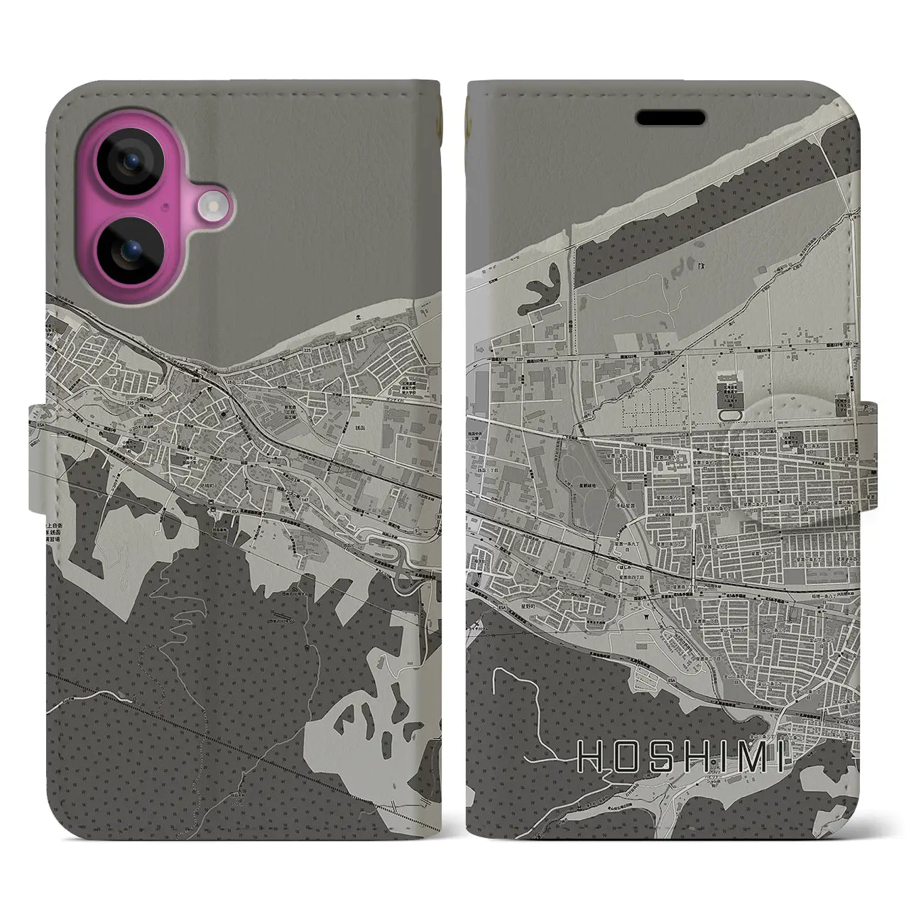【ほしみ(北海道)】地図柄iPhoneケース(手帳タイプ)モノトーン・iPhone 16 Pro 用