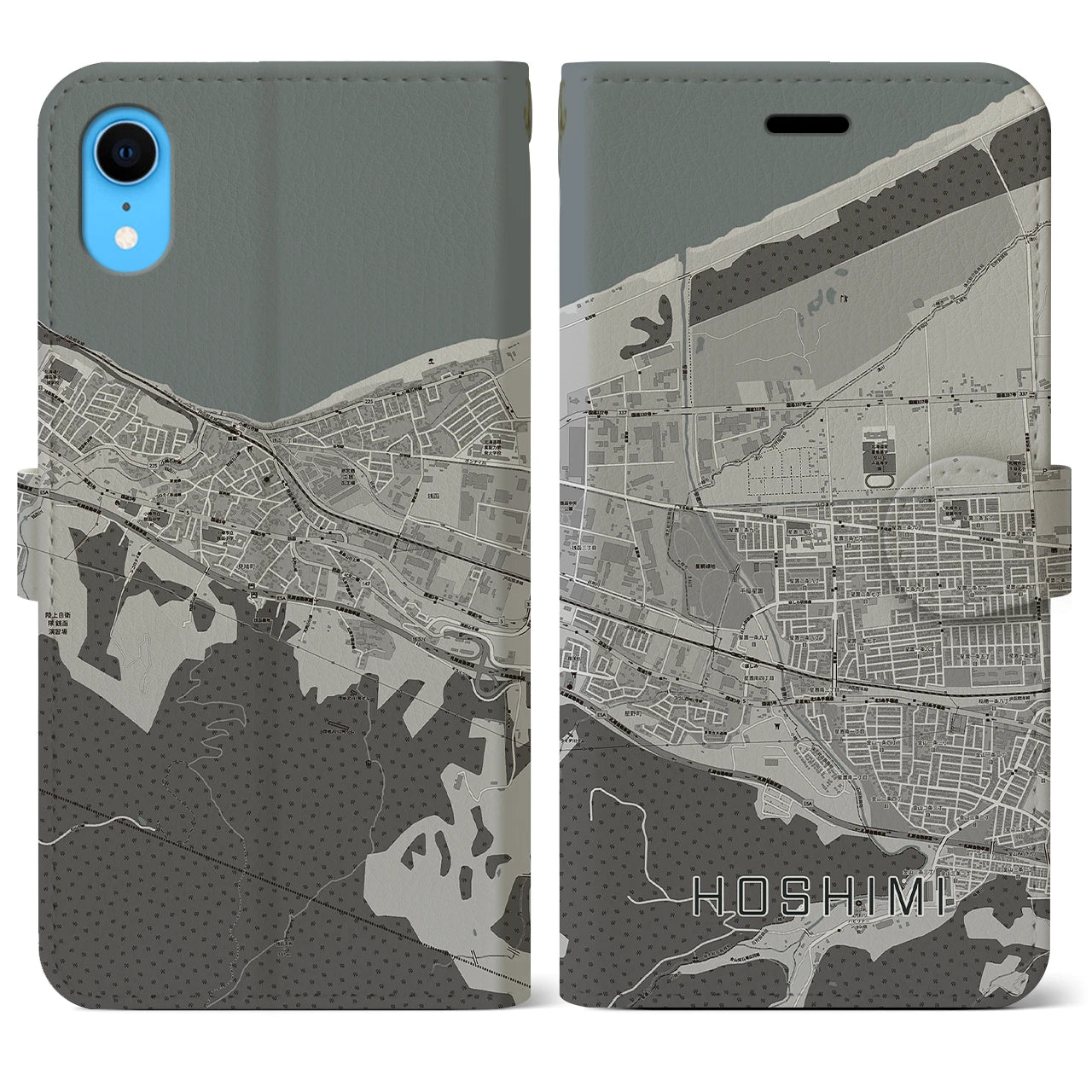 【ほしみ(北海道)】地図柄iPhoneケース(手帳タイプ)モノトーン・iPhone XR 用
