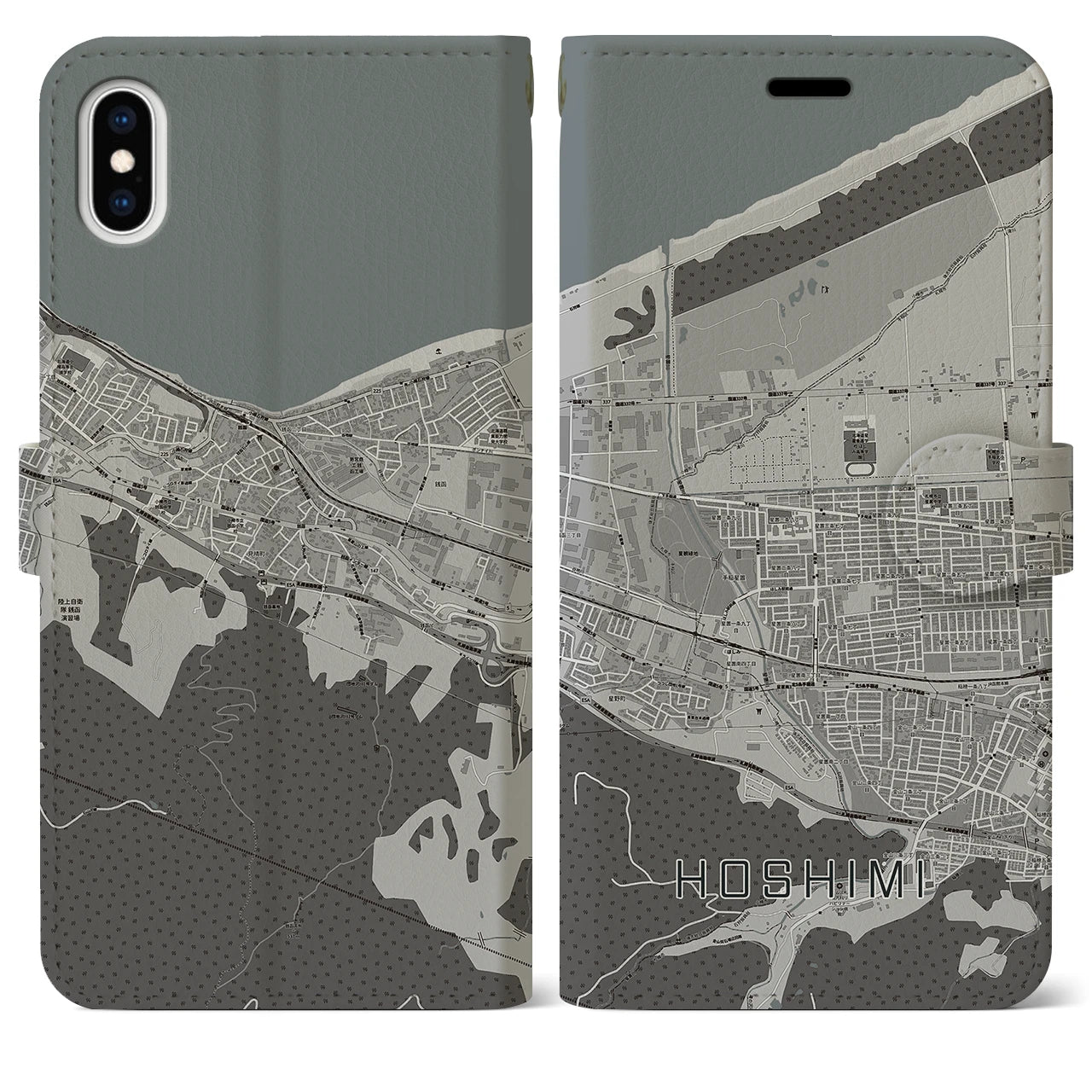 【ほしみ(北海道)】地図柄iPhoneケース(手帳タイプ)モノトーン・iPhone XS Max 用