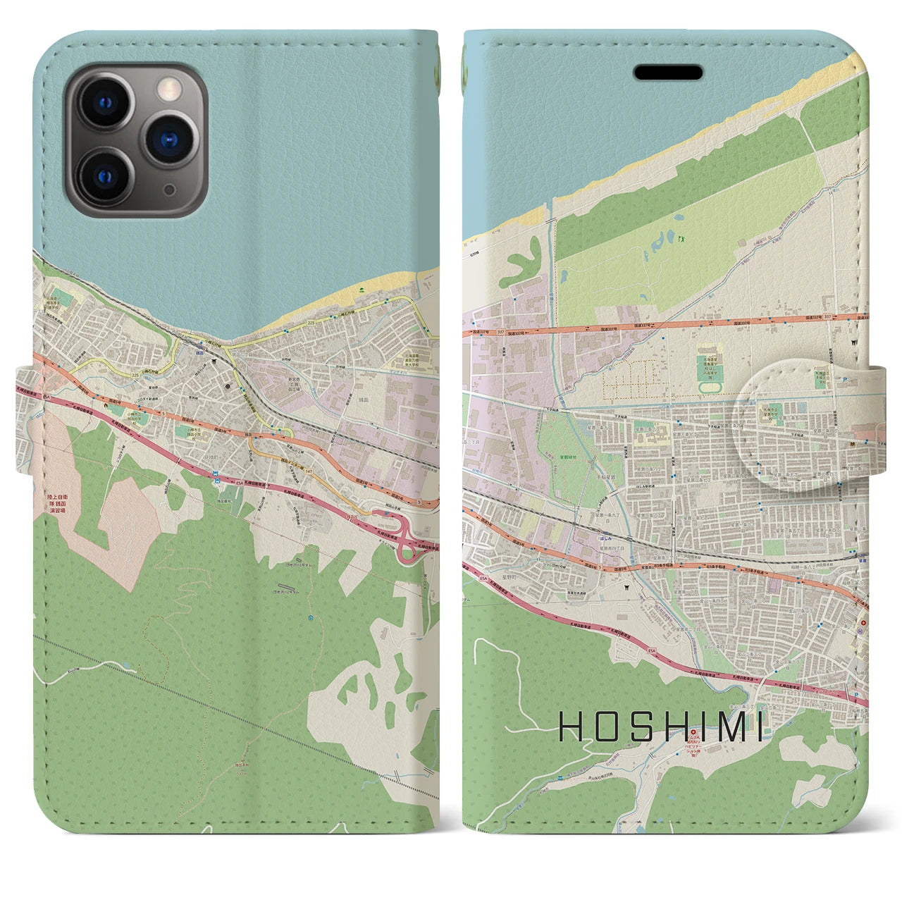 【ほしみ(北海道)】地図柄iPhoneケース(手帳タイプ)ナチュラル・iPhone 11 Pro Max 用